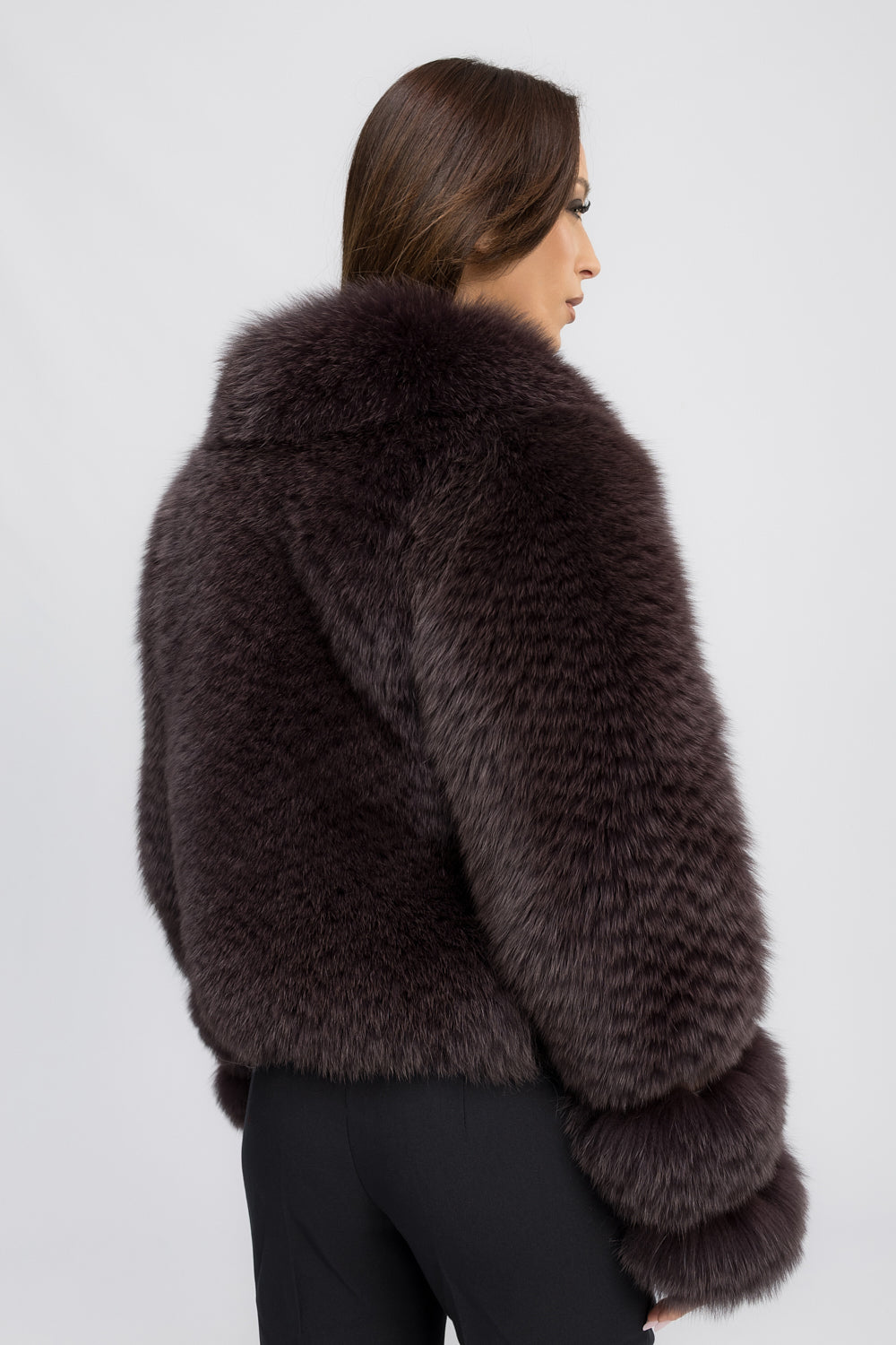 Haină din Blană Naturală de Vulpe Polară, cu Guler Rever, Femei, Cocoa Plum 472