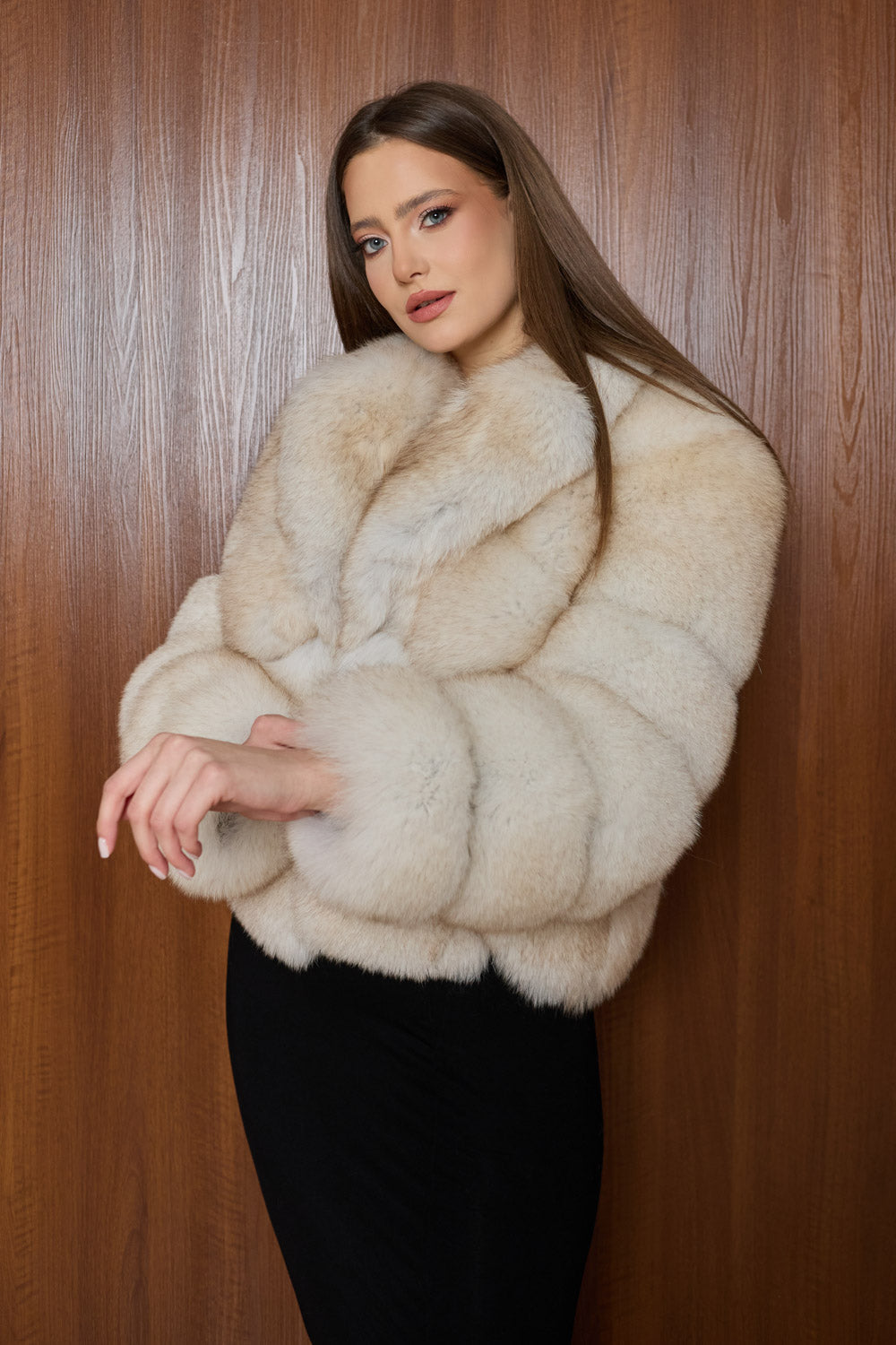 Mareus beige natural fox fur coat