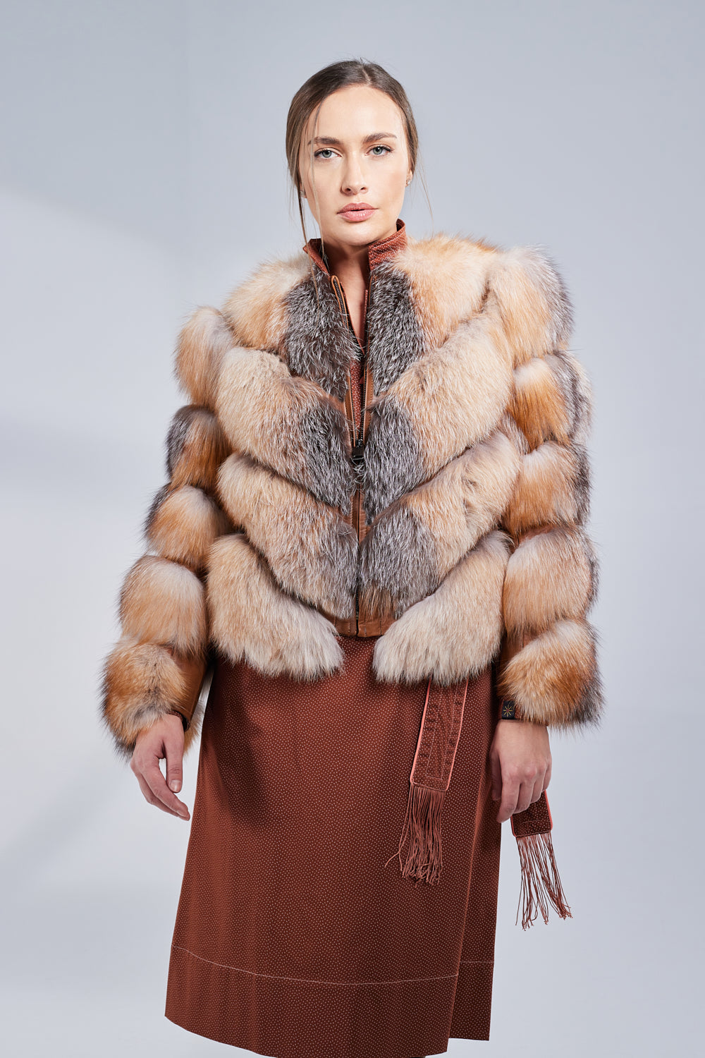 Manteau en fourrure naturelle de renard, modèle en V, transformable, femmes, Brown Frost 275