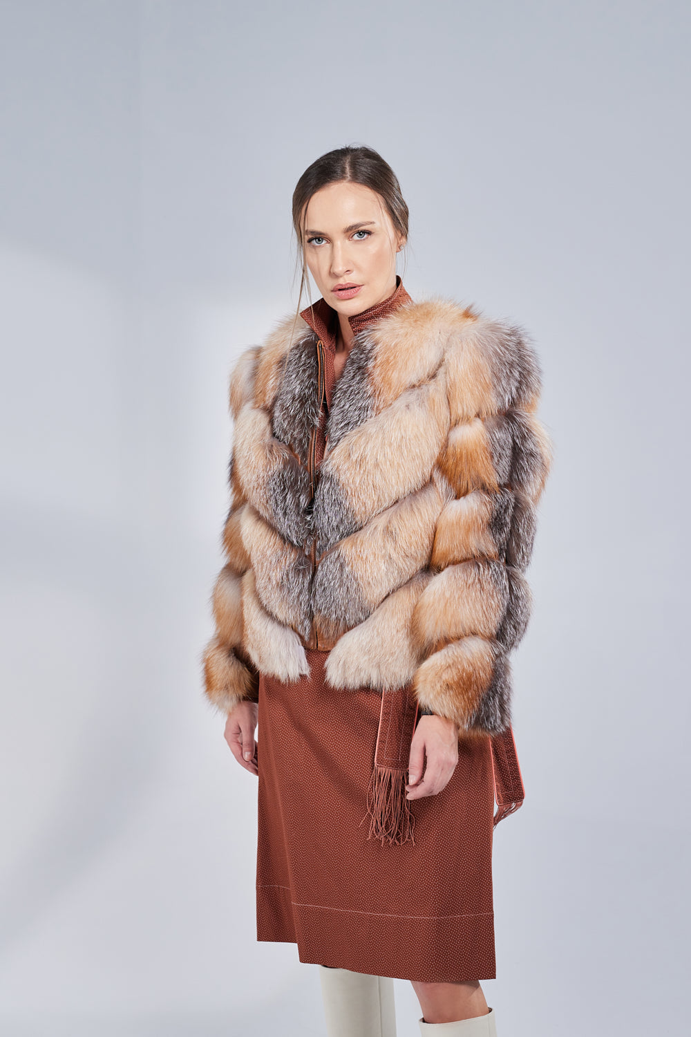 Haină din Blană Naturală de Vulpe, V Model, Transformabilă, Femei, Brown Frost 275