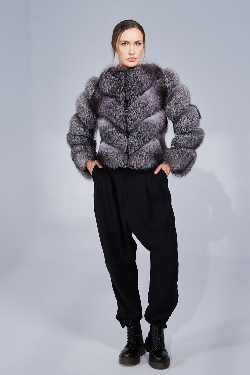 Manteau en fourrure naturelle de renard argenté, modèle en V, transformable, femmes, Grey Frost 242