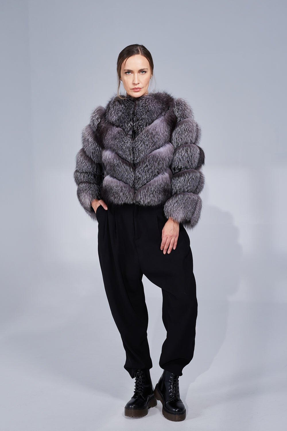 Manteau en fourrure naturelle de renard argenté, modèle en V, transformable, femmes, Grey Frost 242