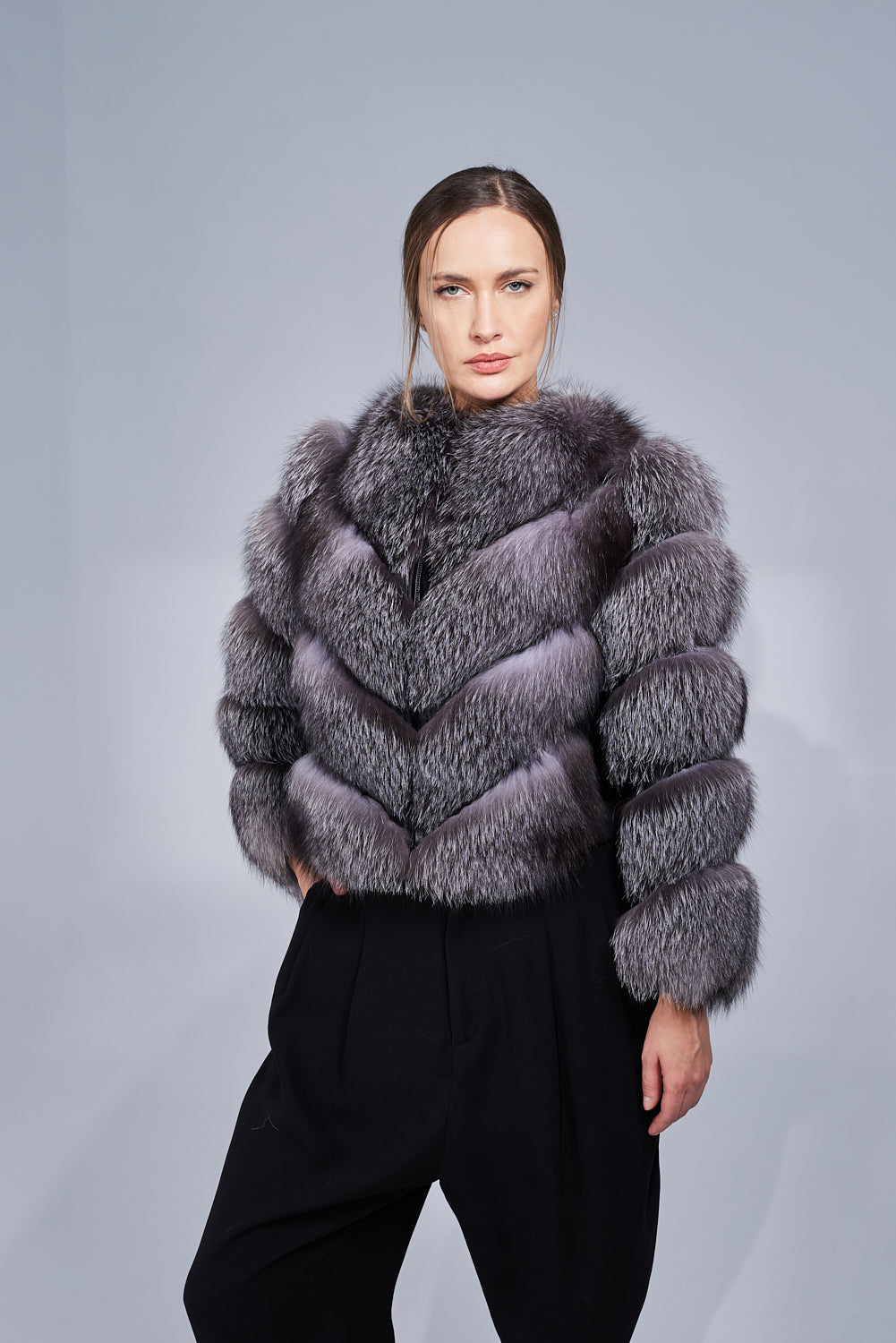 Haină din Blană Naturală de Vulpe Argintie, V Model, Transformabilă, Femei, Grey Frost 242