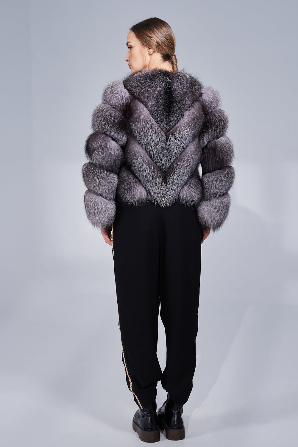 Manteau en fourrure naturelle de renard argenté, modèle en V, transformable, femmes, Grey Frost 242