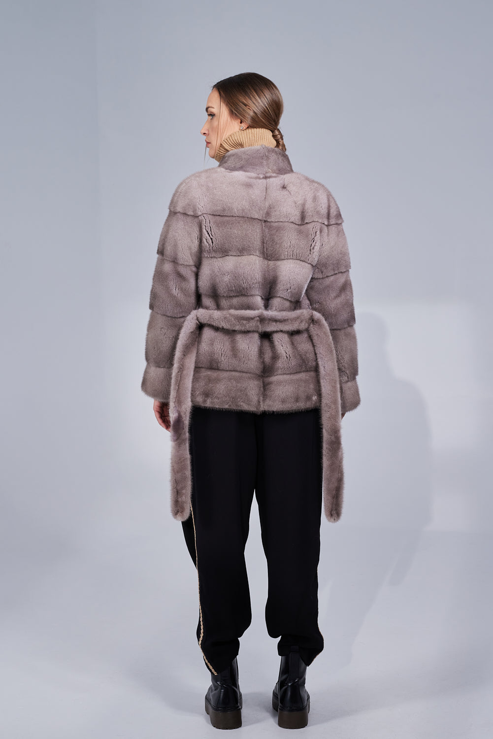 Haină din Blană Naturală de Vizon, cu Cordon, Femei, Silver Blue 194