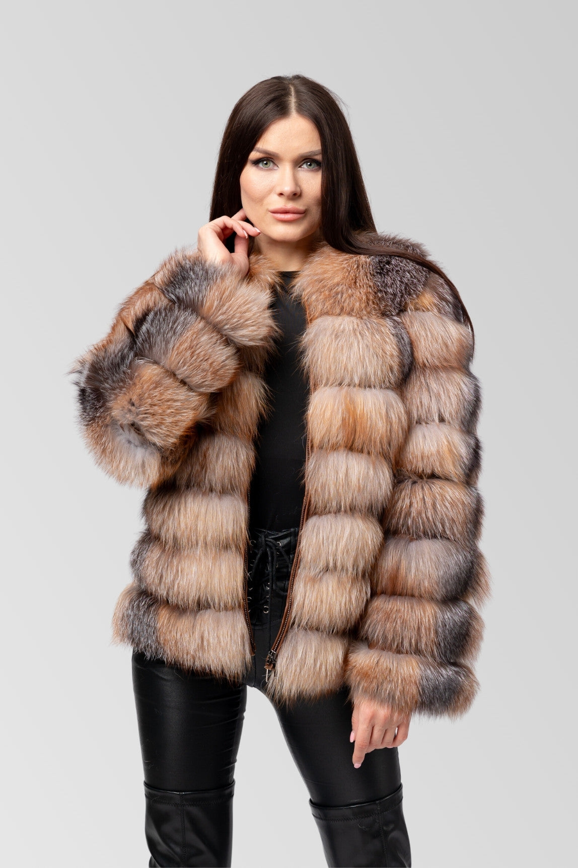 Cappotto in pelliccia naturale di volpe argentata, trasformabile 6 in 1, donna, Brown Frost 241
