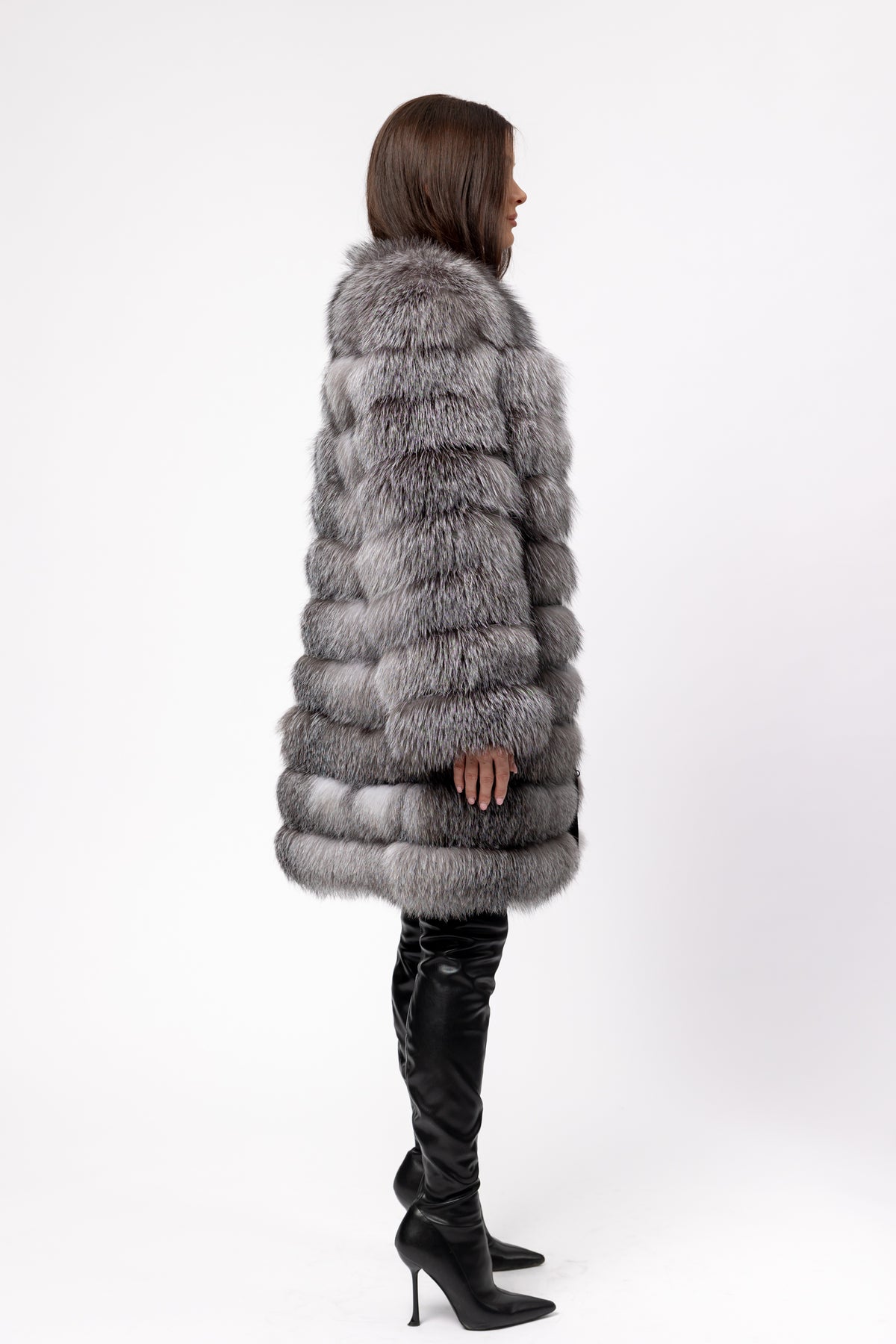 Haină din Blană Naturală de Vulpe, Femei, Transformabilă 6 în 1, Silver Grey 257