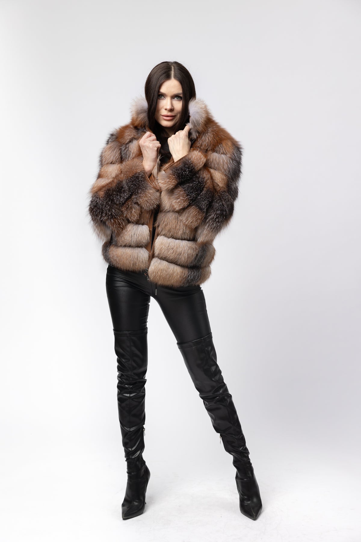 Cappotto in pelliccia naturale di volpe, colletto alla coreana, trasformabile, donna, Brown Frost 271