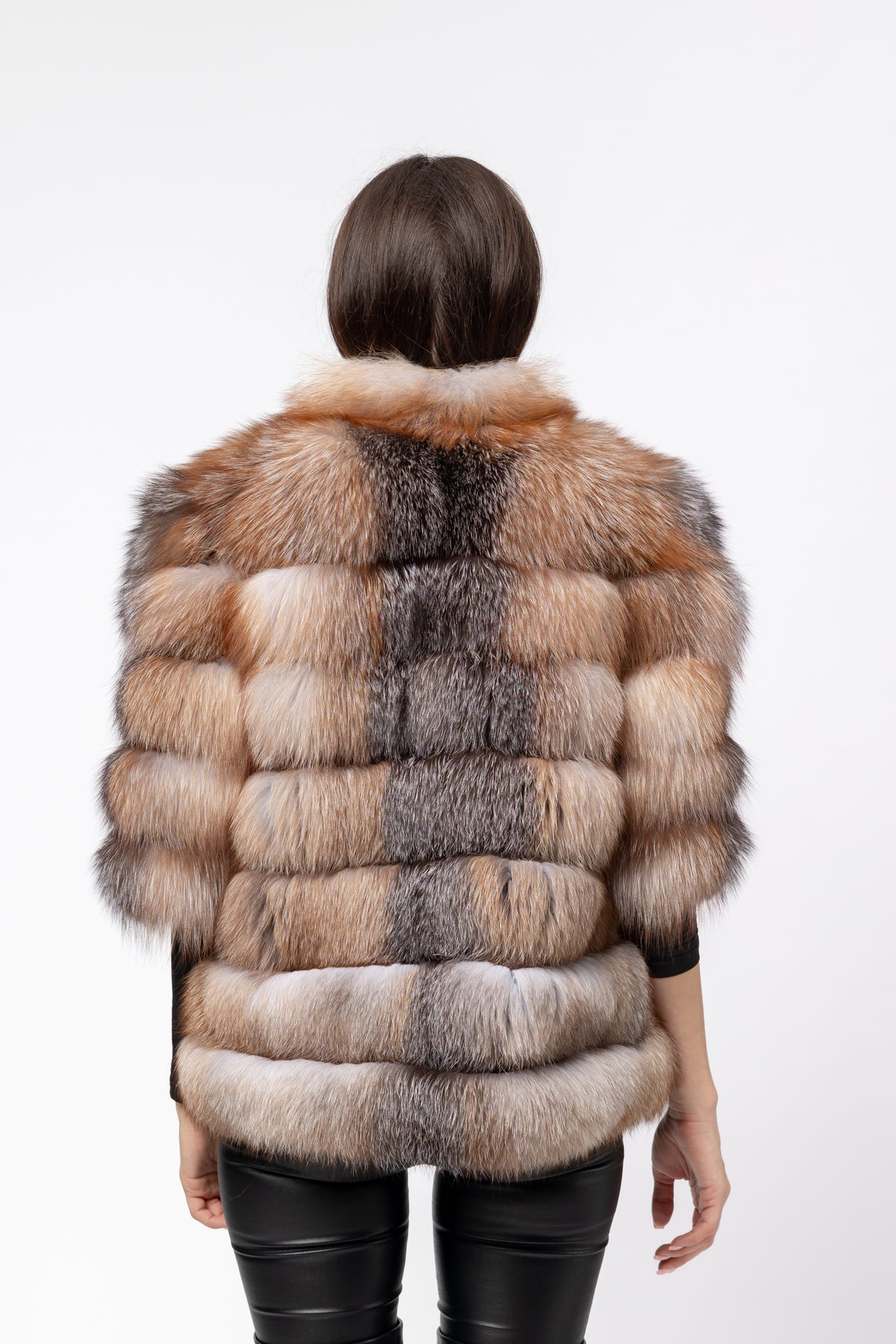 Cappotto in pelliccia naturale di volpe, colletto alla coreana, trasformabile, donna, Brown Frost 271