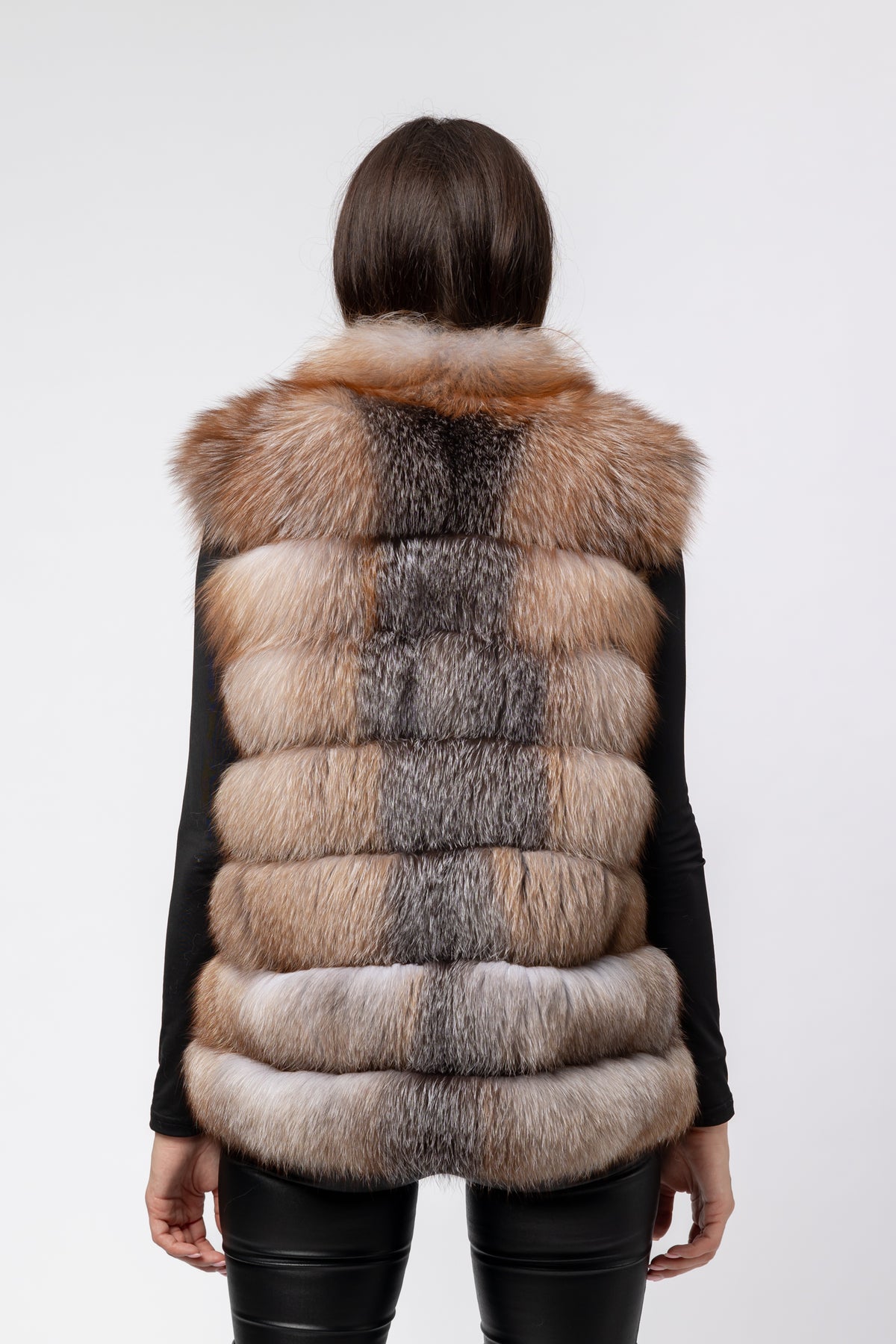 Cappotto in pelliccia naturale di volpe, colletto alla coreana, trasformabile, donna, Brown Frost 271