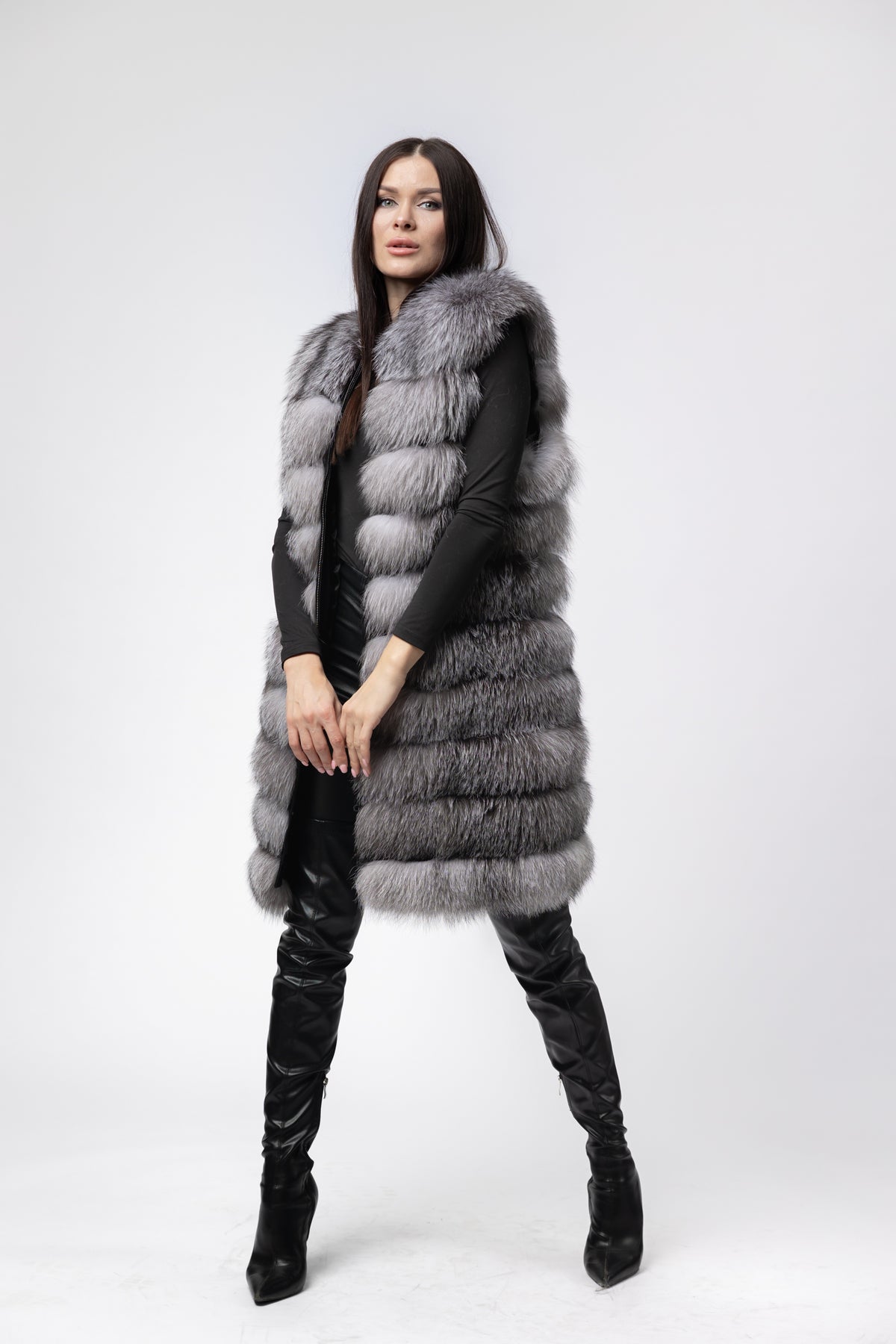 Haină din Blană Naturală de Vulpe, Femei, Transformabilă 6 în 1, Silver Grey 257