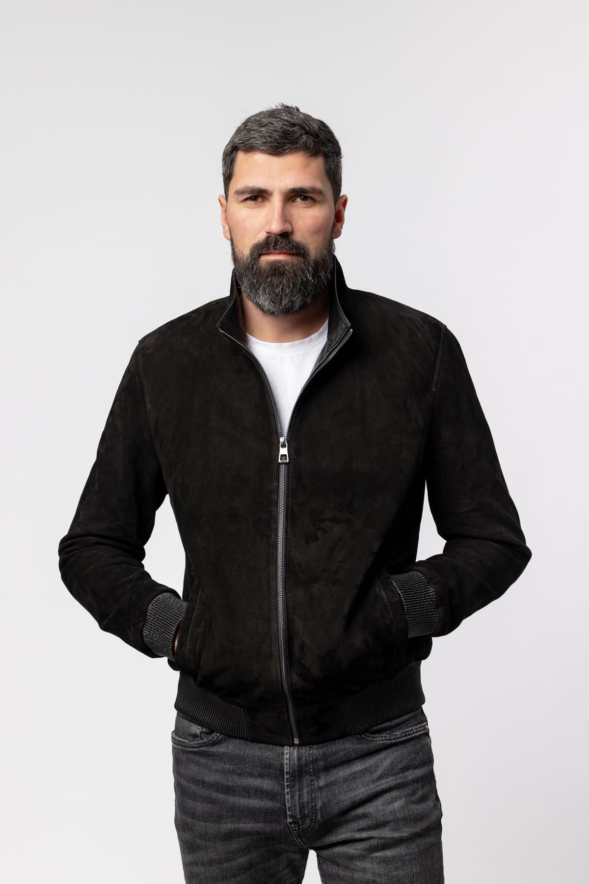 geaca din piele intoarsa naturala neagra Mareus