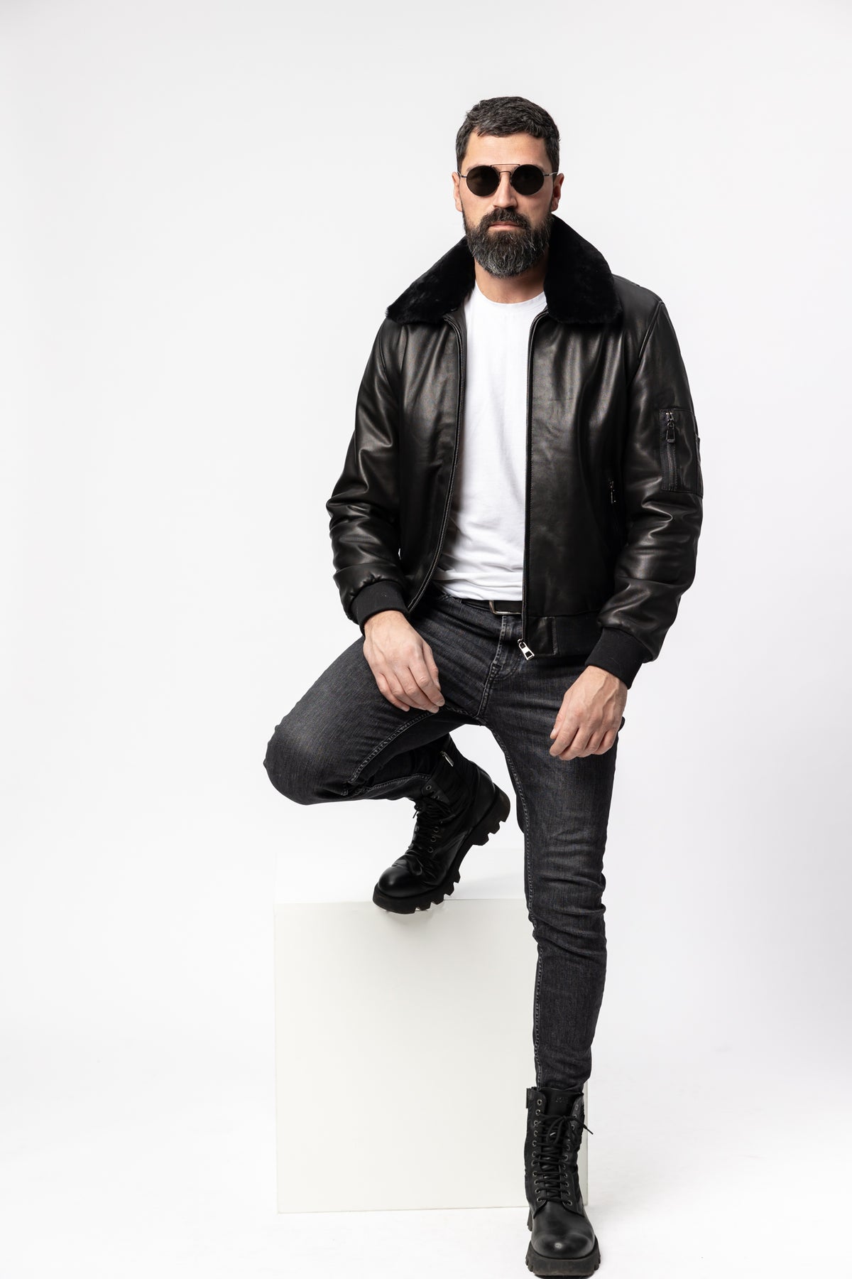 geaca din piele si blana pentru barbati model aviator