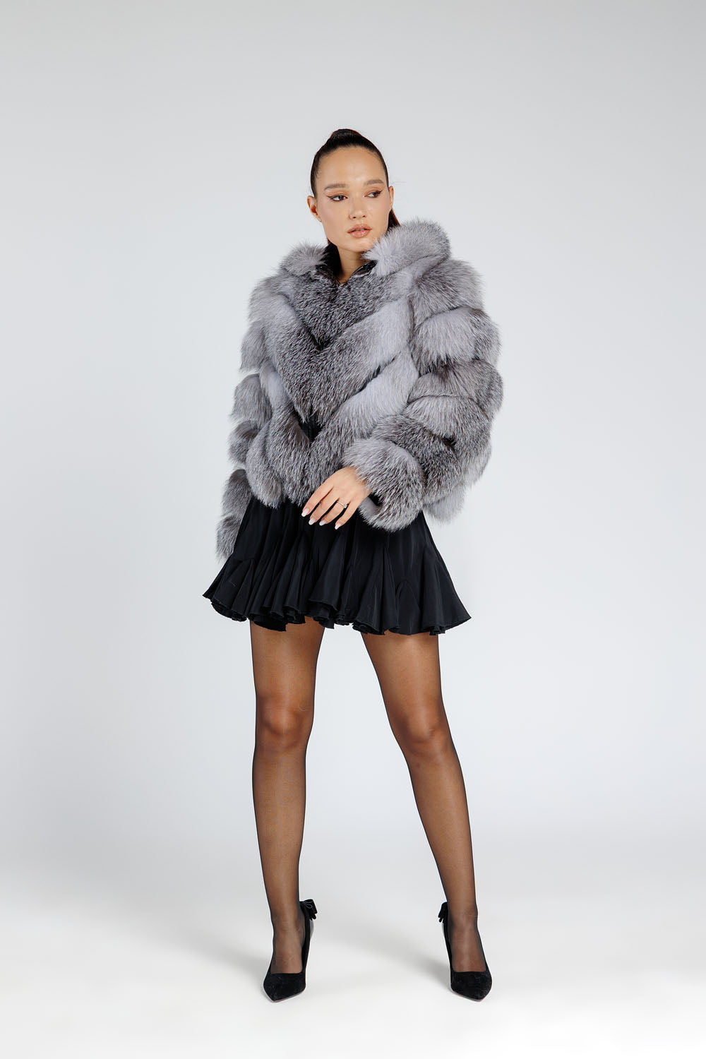 Haină din Blană Naturală de Vulpe Argintie, Transformabilă, V Model, cu Glugă Detașabilă, Femei, Grey Frost 379