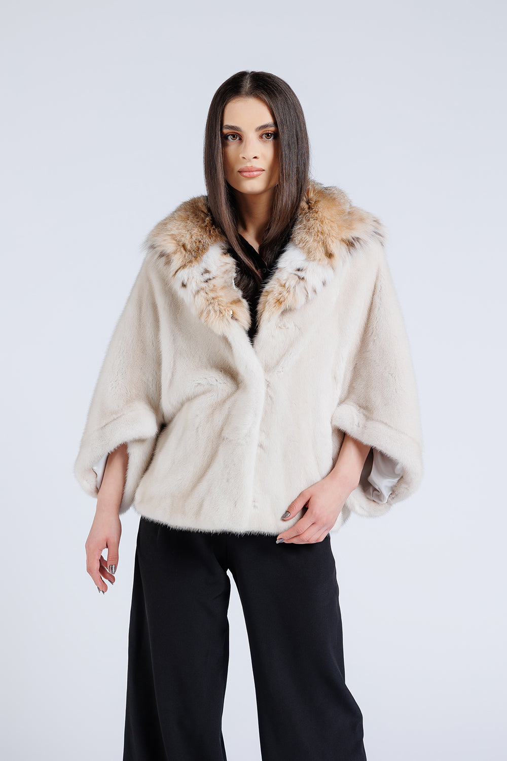 Natural Mink Fur Cape with Natural Lynx Fur Hood, Women, Pearl 55