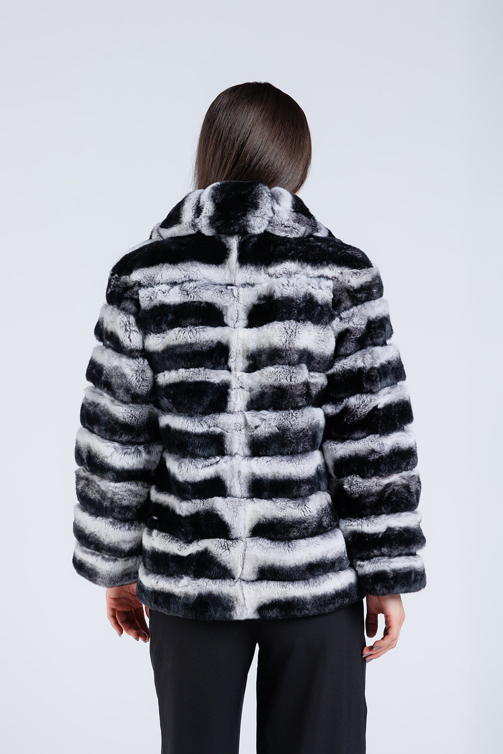 Cappotto in vera pelliccia di rex cincillà, collo a revers, donna, grigio argento 177