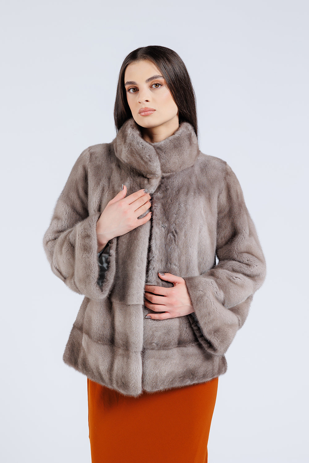 Cappotto in pelliccia naturale di visone, manica a campana, donna, Silver Blue 227