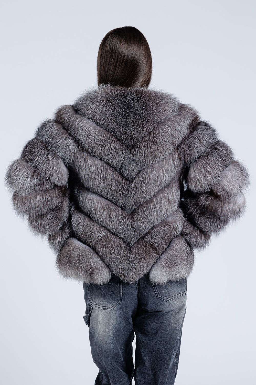 Natural Fox Fur Coat, V pattern, Women, Dark Gray Frost 273