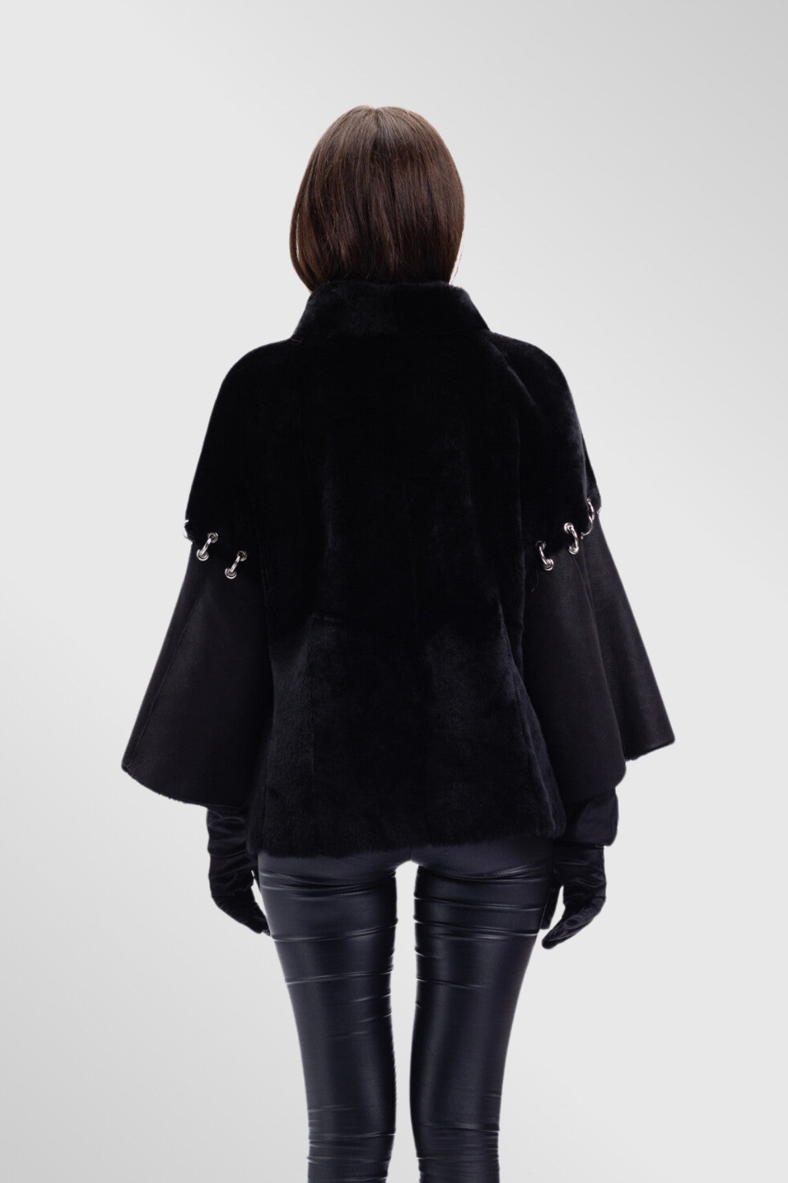 Poncho din Piele si Blană Naturală Shearling, Femei, Obsidian 299