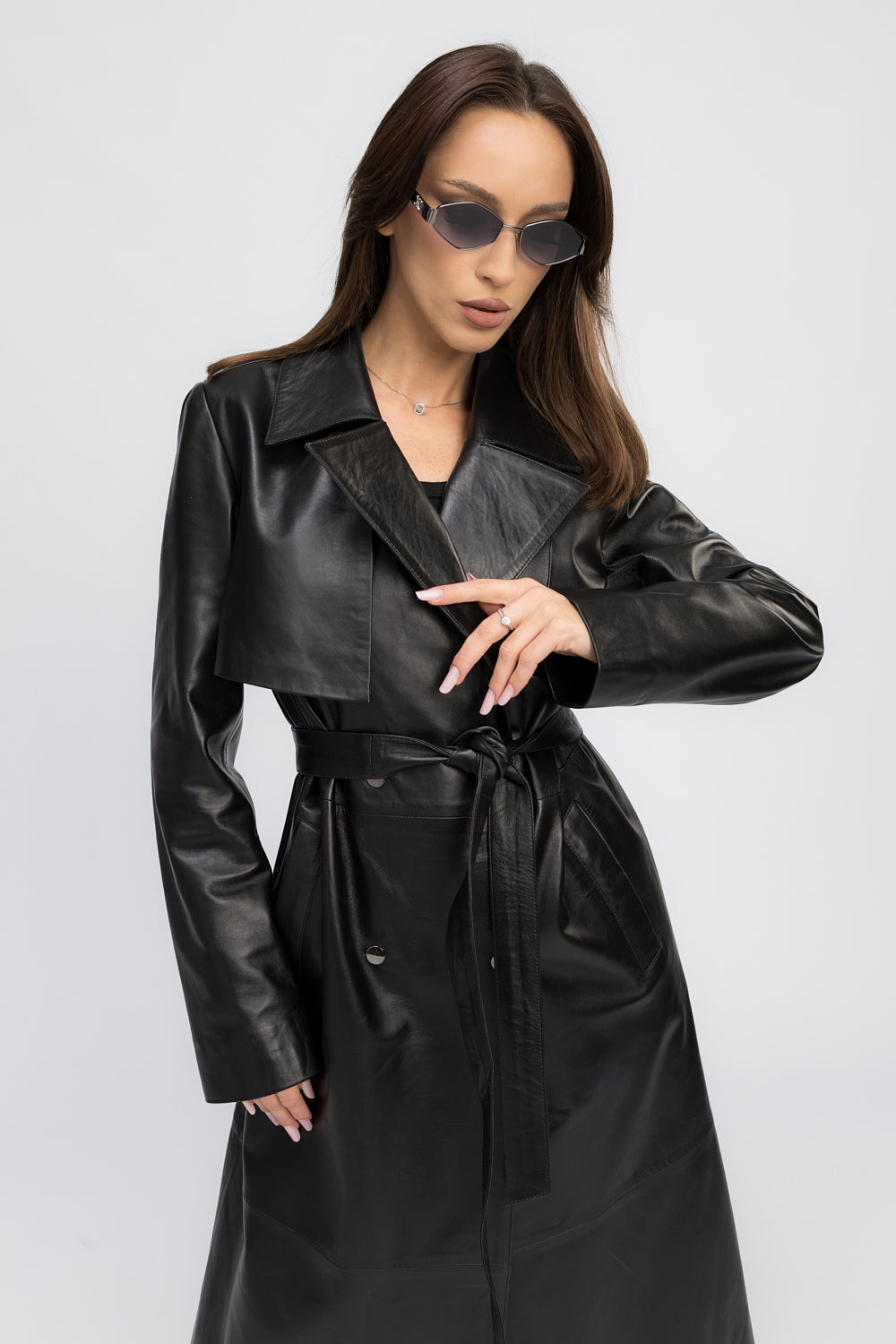 Women's Genuine Leather Trench Coat with Lapel Collar and Drawstring, Obsidian Black 440