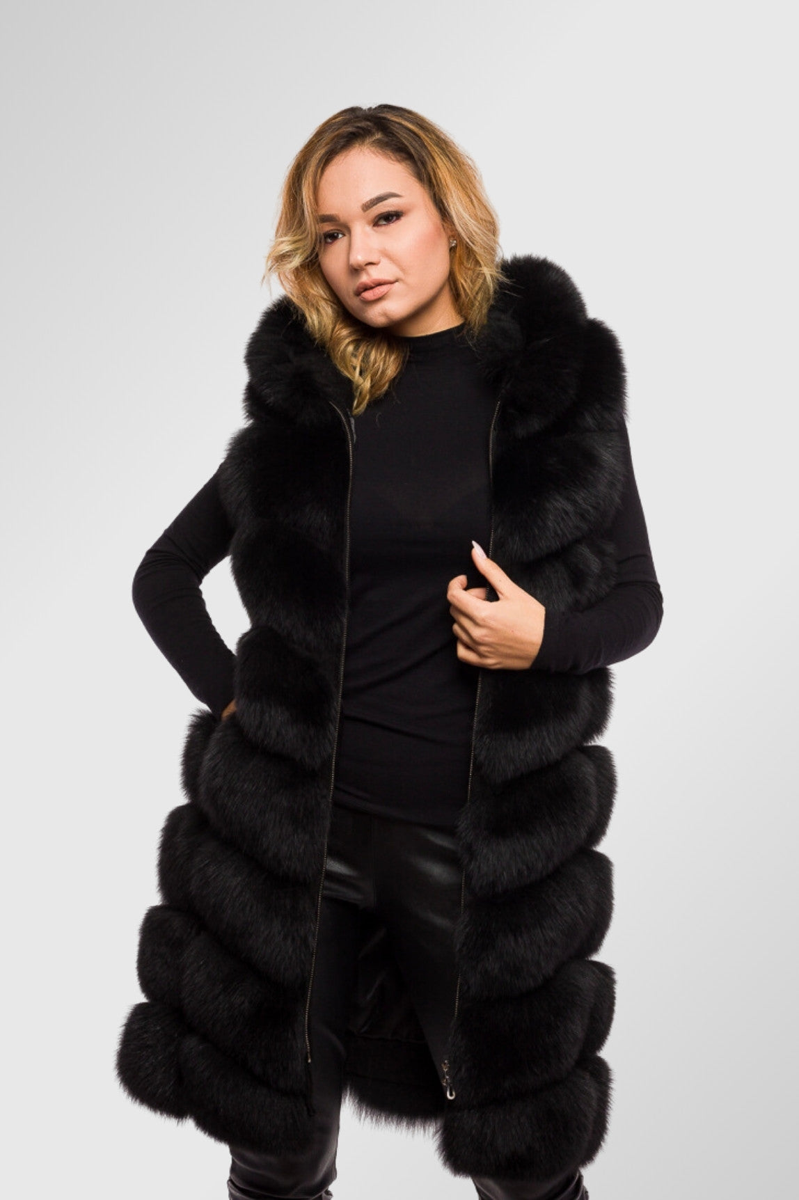 Gilet en fourrure de renard naturelle, avec capuche, femmes, Obsidian 320