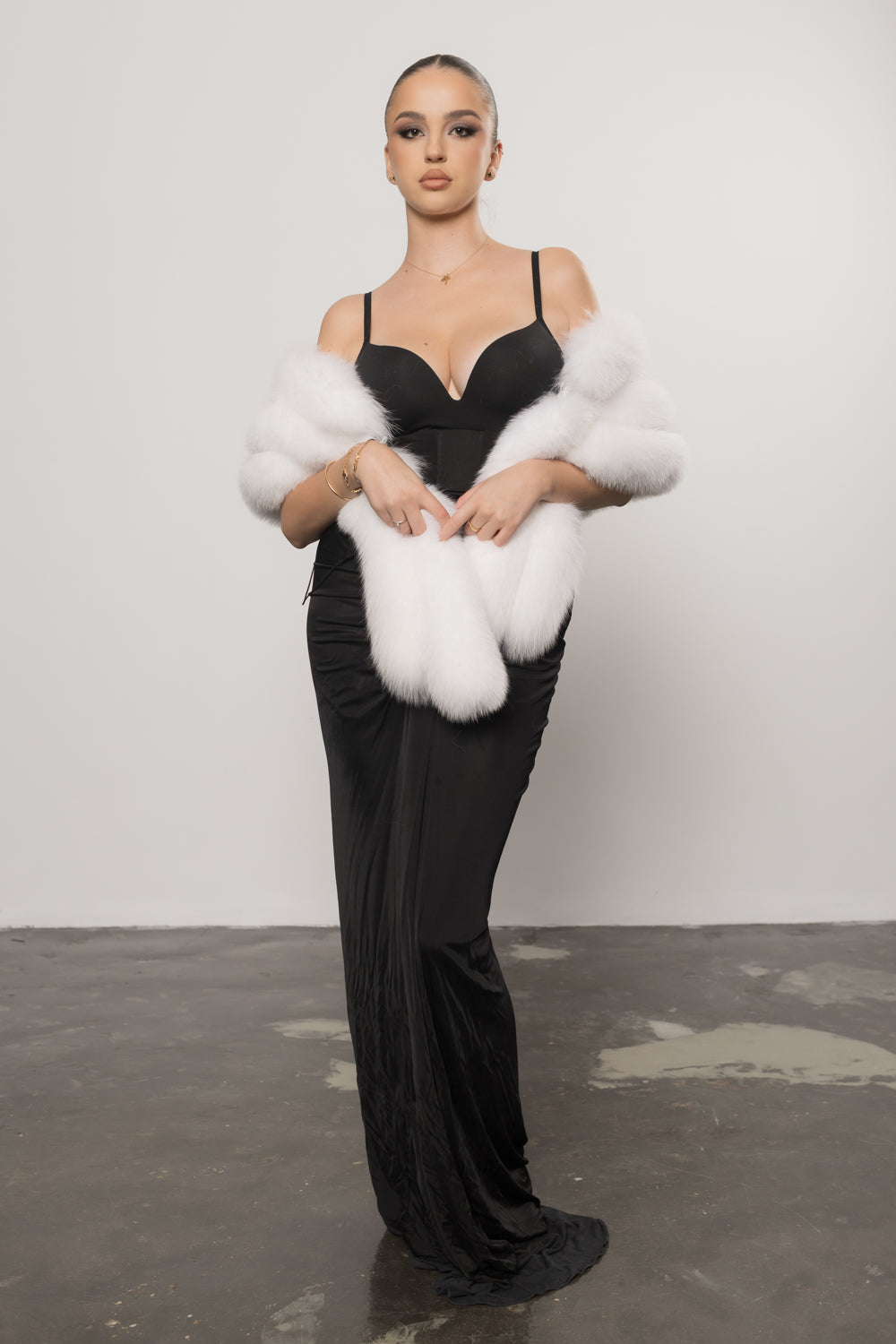 Scialle in vera pelliccia di volpe artica, donna, Bianco Naturale 409