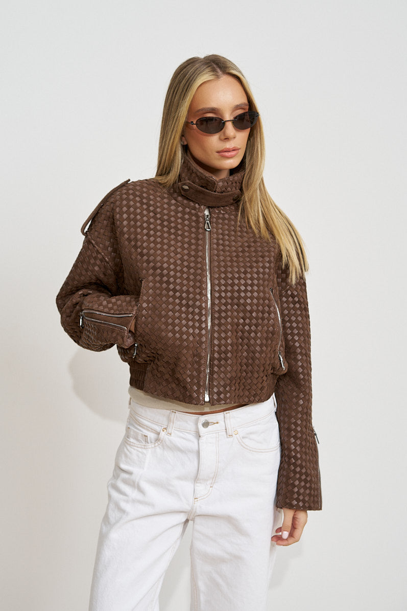 Geacă din Piele Naturală Împletită, Crop, Chocolate Brown 661