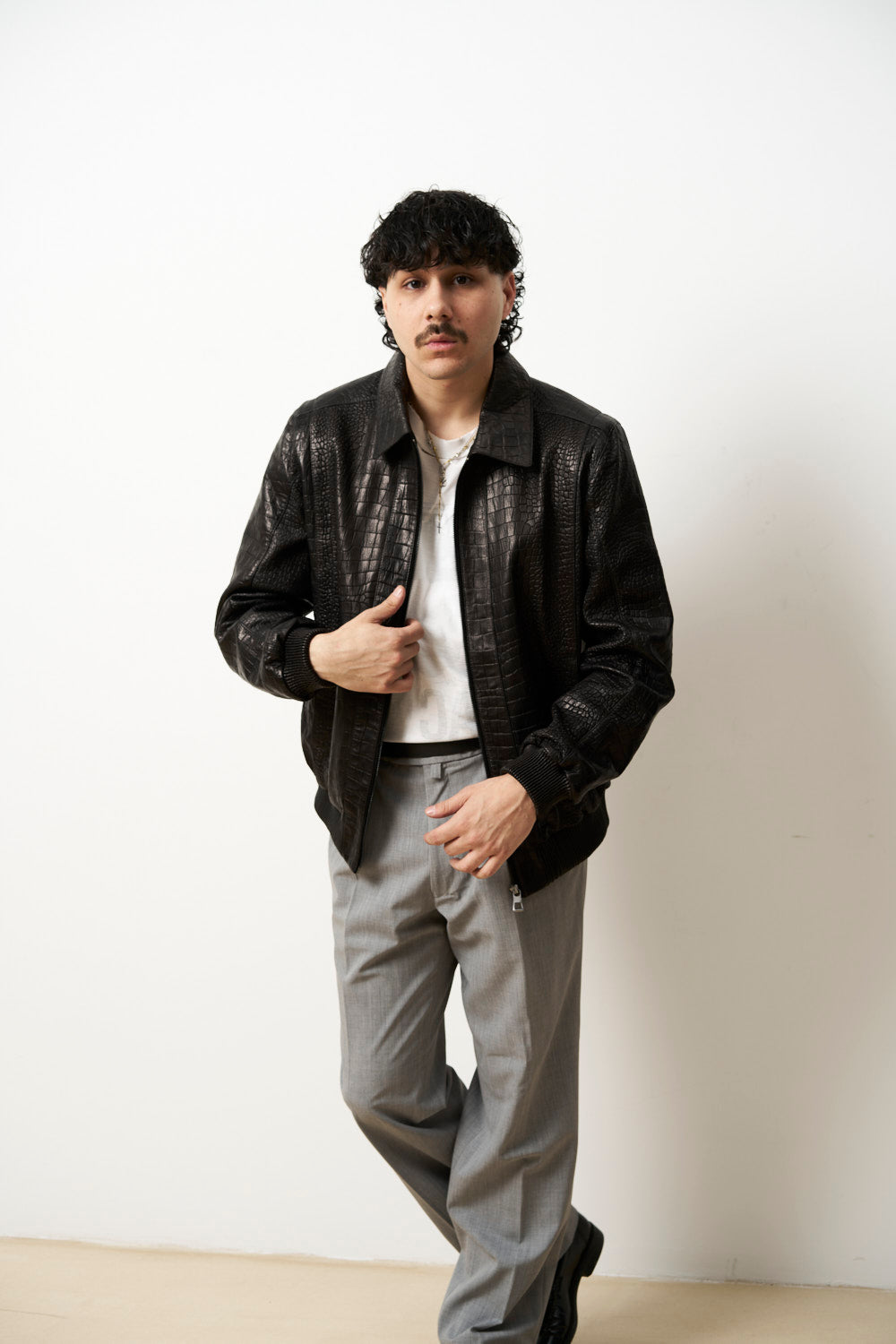 Geacă din Piele Naturală pentru Bărbați, Textură Crocodil, Neagra, Mareus