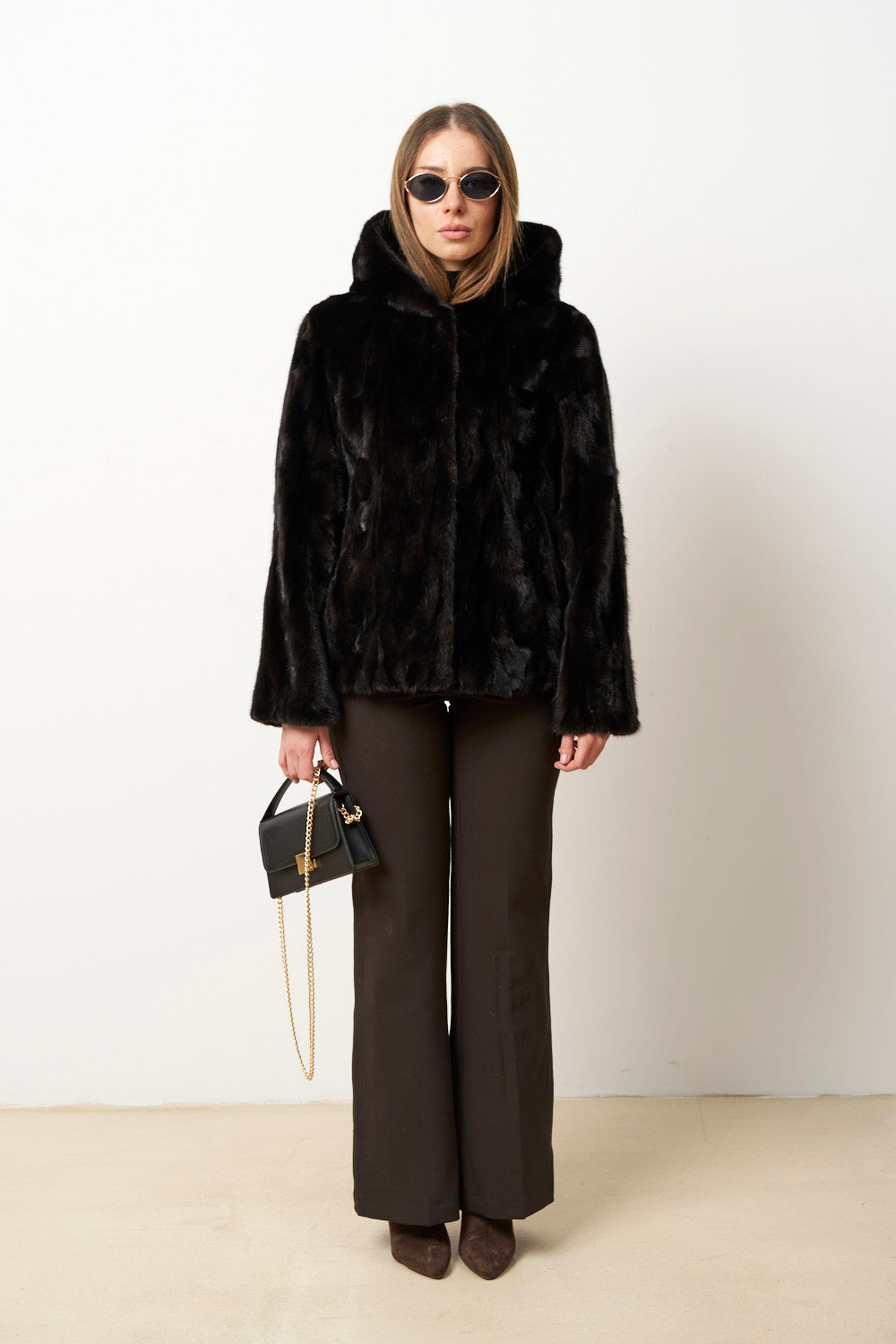 Natürlicher Nerzpelzmantel mit Kapuze für Damen, Cambrata, Schwarz, Mareus