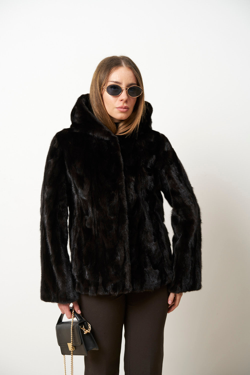 Natürlicher Nerzpelzmantel mit Kapuze für Damen, Cambrata, Schwarz, Mareus