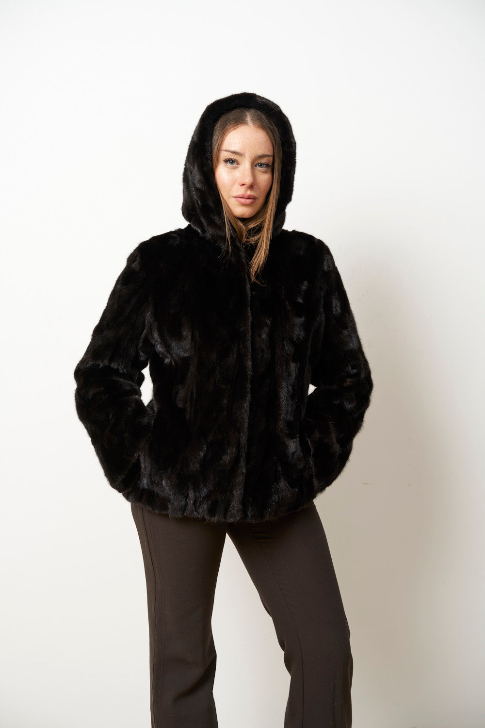Natürlicher Nerzpelzmantel mit Kapuze für Damen, Cambrata, Schwarz, Mareus