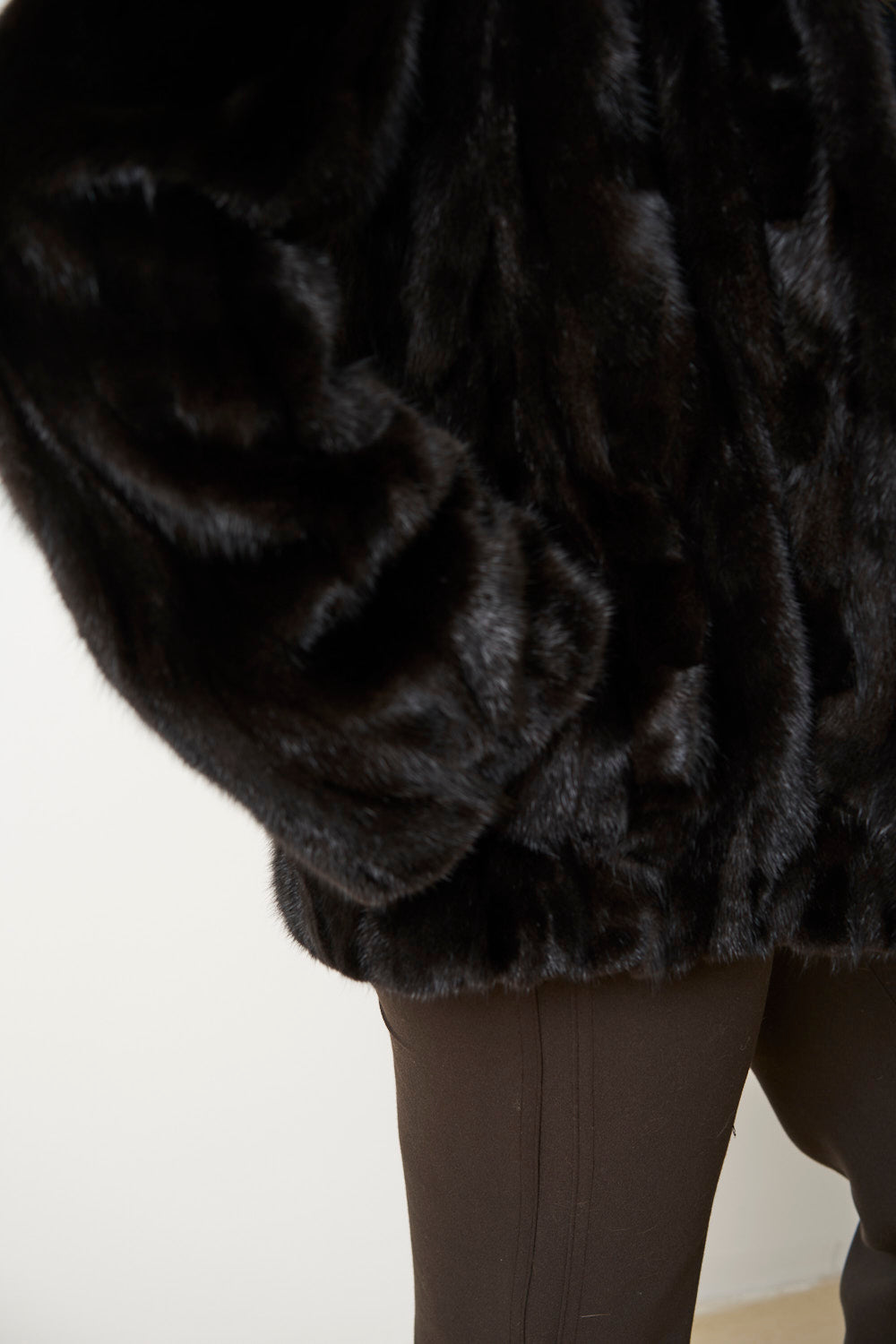 Natürlicher Nerzpelzmantel mit Kapuze für Damen, Cambrata, Schwarz, Mareus