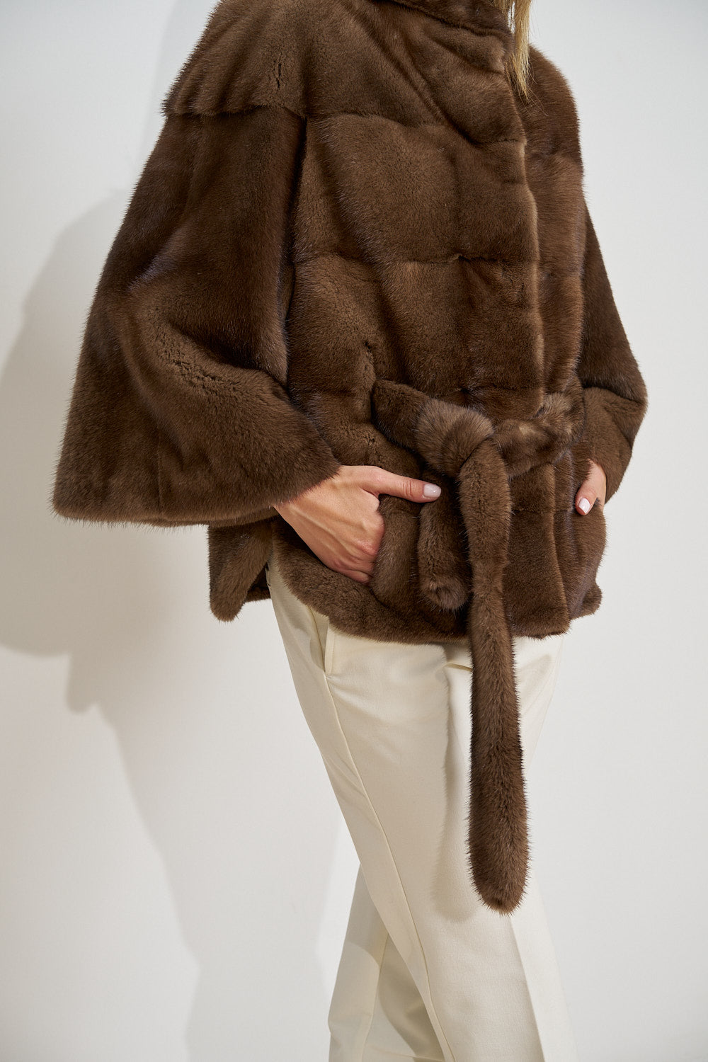 Natural Mink Fur Coat, with Cord, Women, Chocolate 392