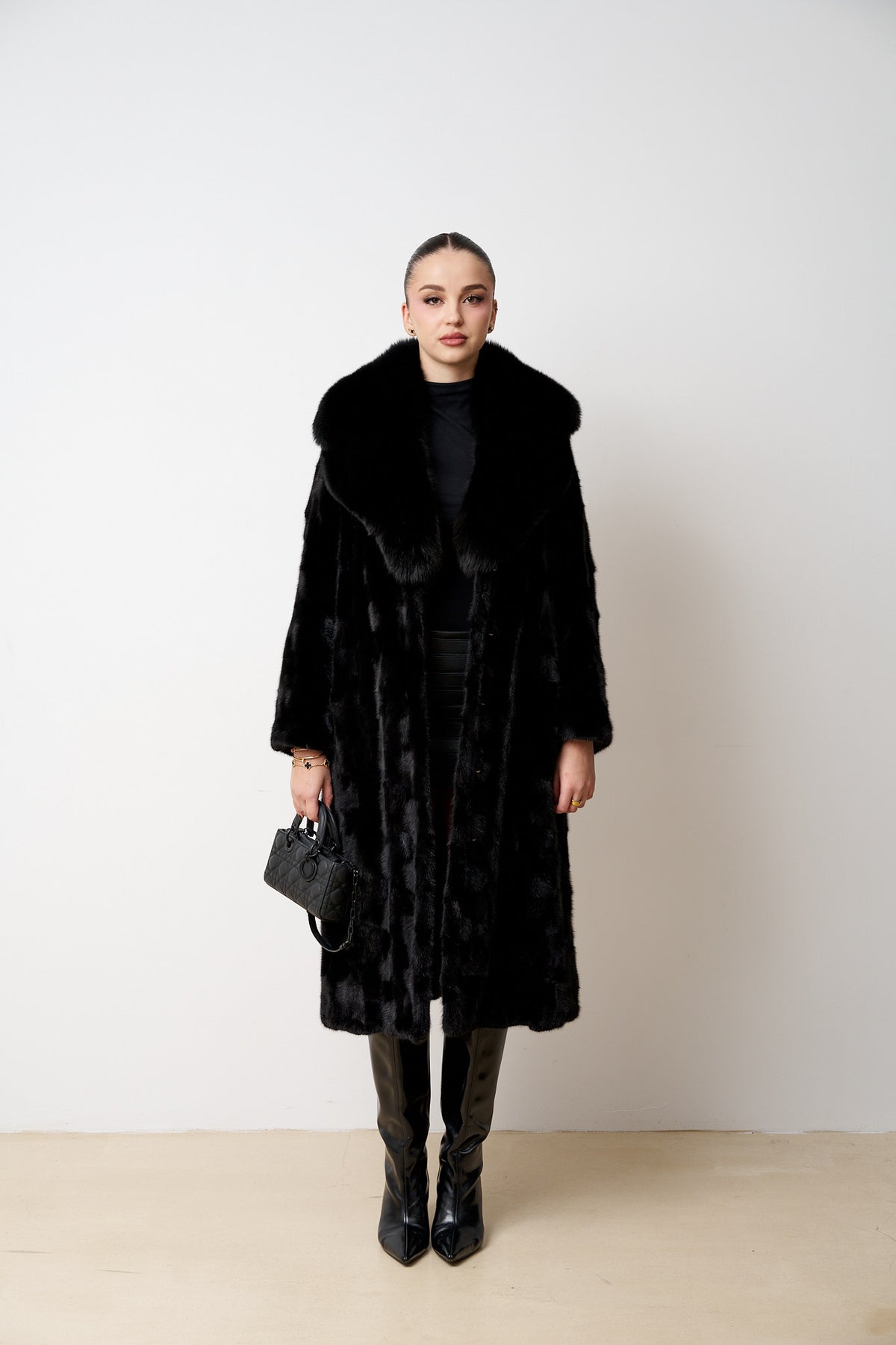 Manteau Long en Fourrure de Vison Naturel avec Col de Renard, Noir, Mareus