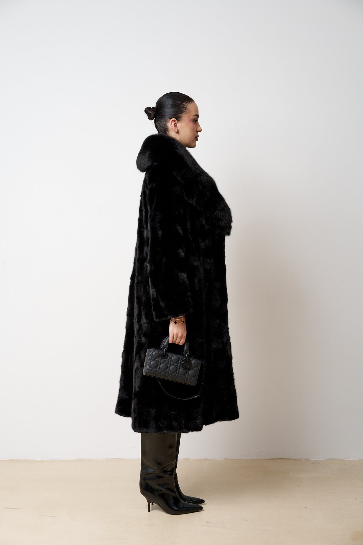 Manteau Long en Fourrure de Vison Naturel avec Col de Renard, Noir, Mareus