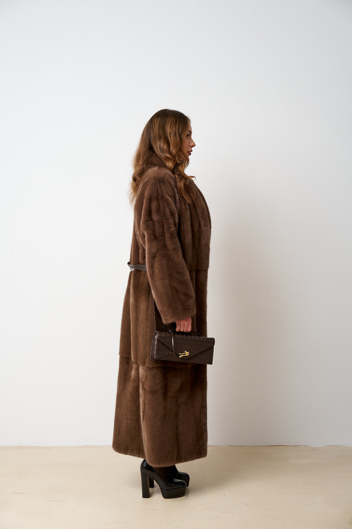 Natural Mink Fur Coat, Shawl Collar, Brown, Mareus