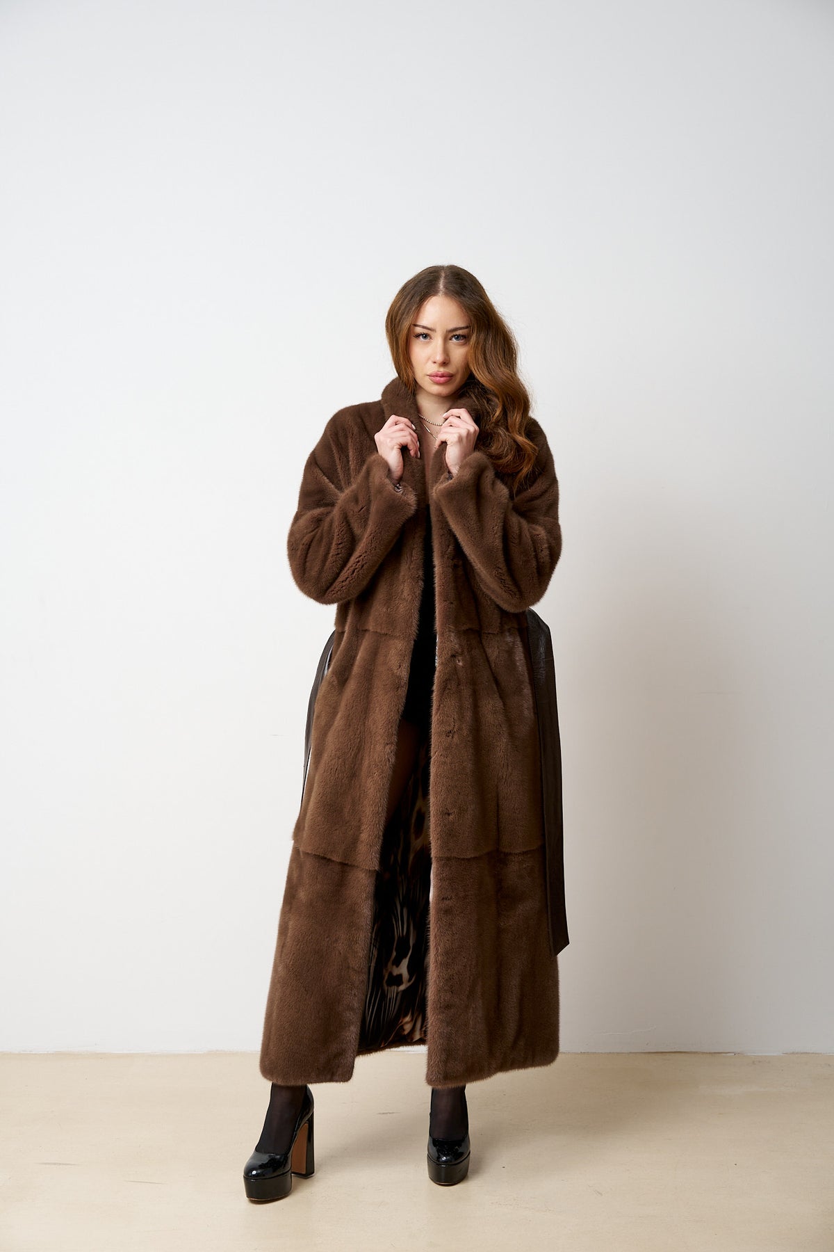 Natural Mink Fur Coat, Shawl Collar, Brown, Mareus