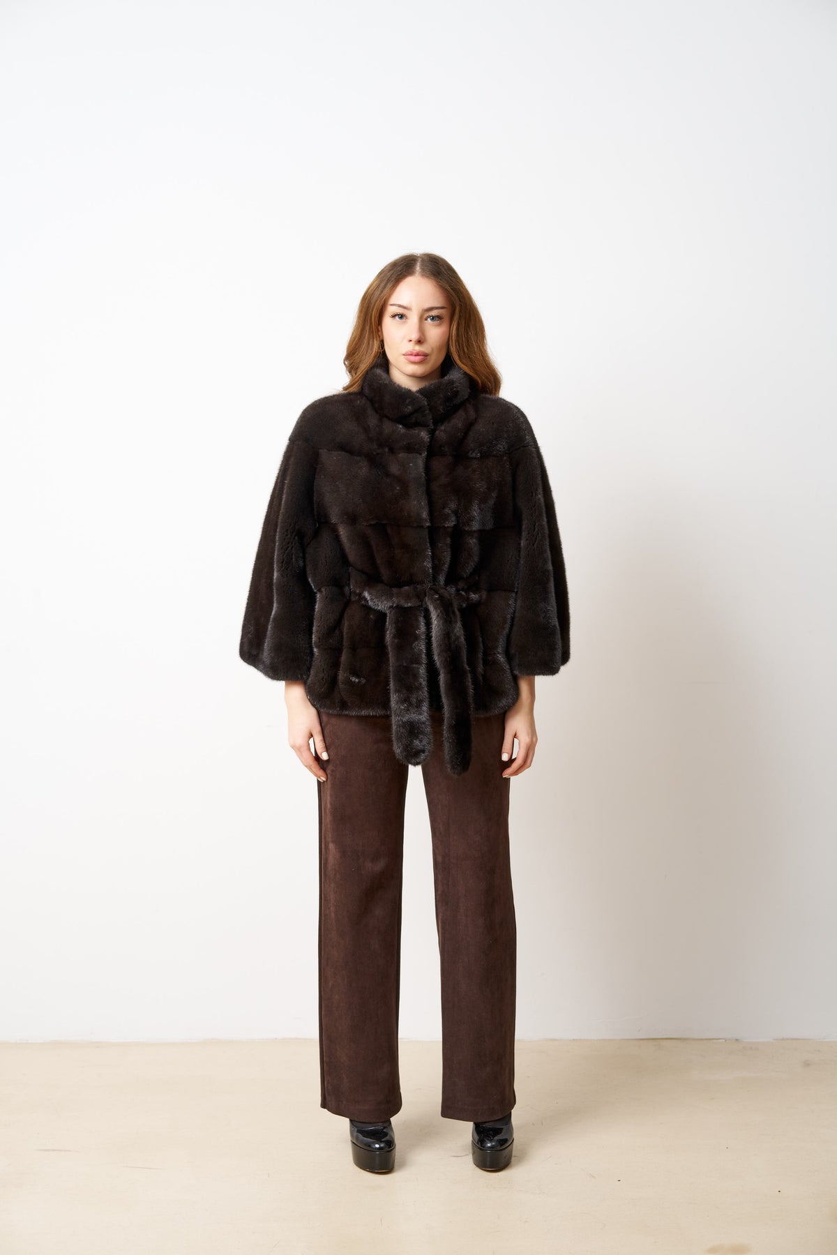 Natural Mink Fur Coat With Drawstring, Women, Olive Brown 514