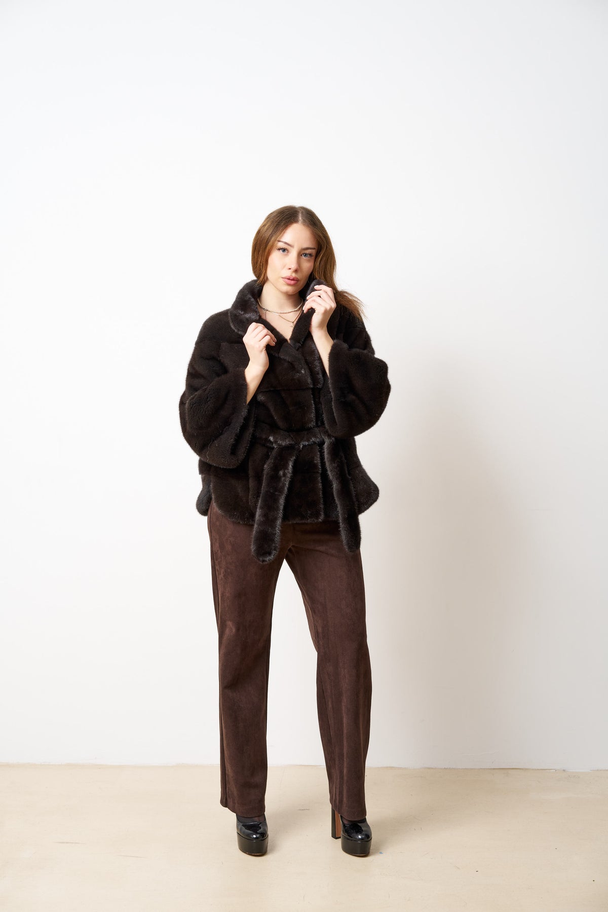 Natural Mink Fur Coat With Drawstring, Women, Olive Brown 514
