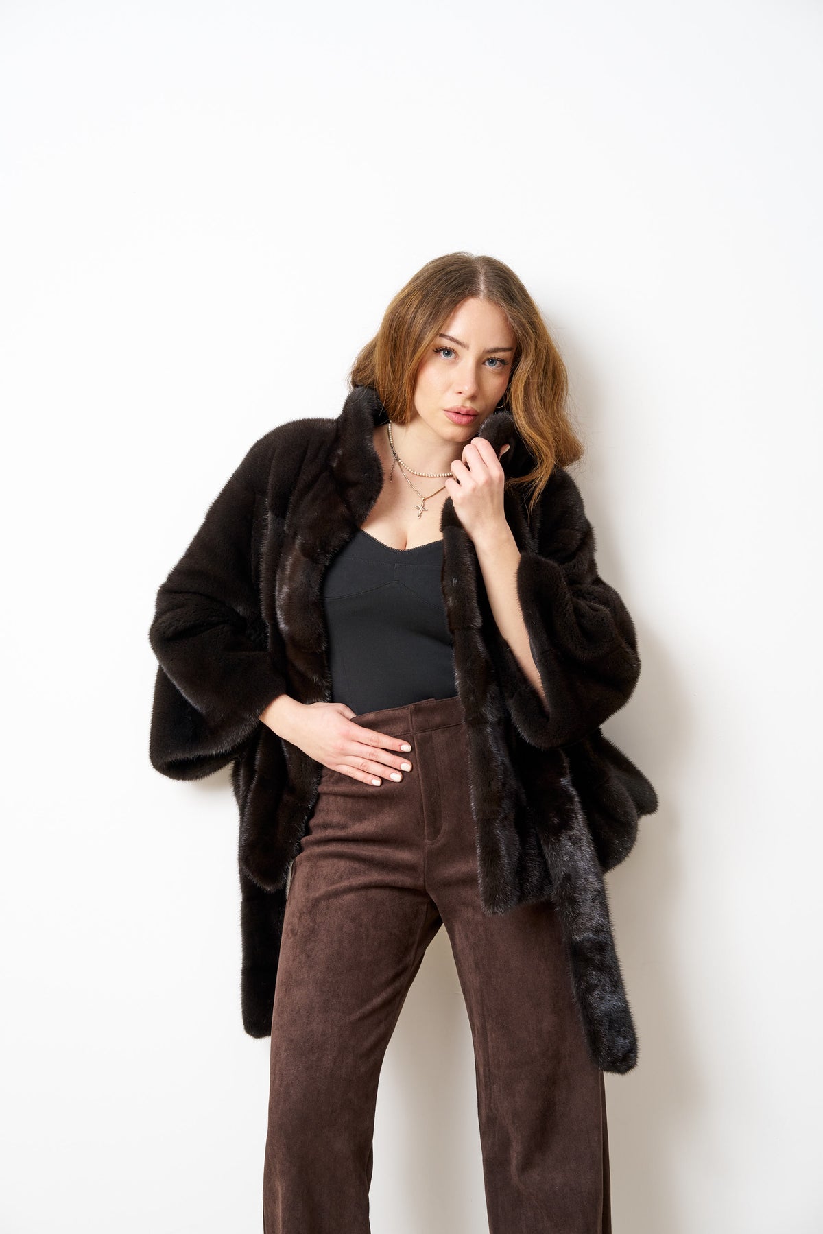 Natural Mink Fur Coat With Drawstring, Women, Olive Brown 514