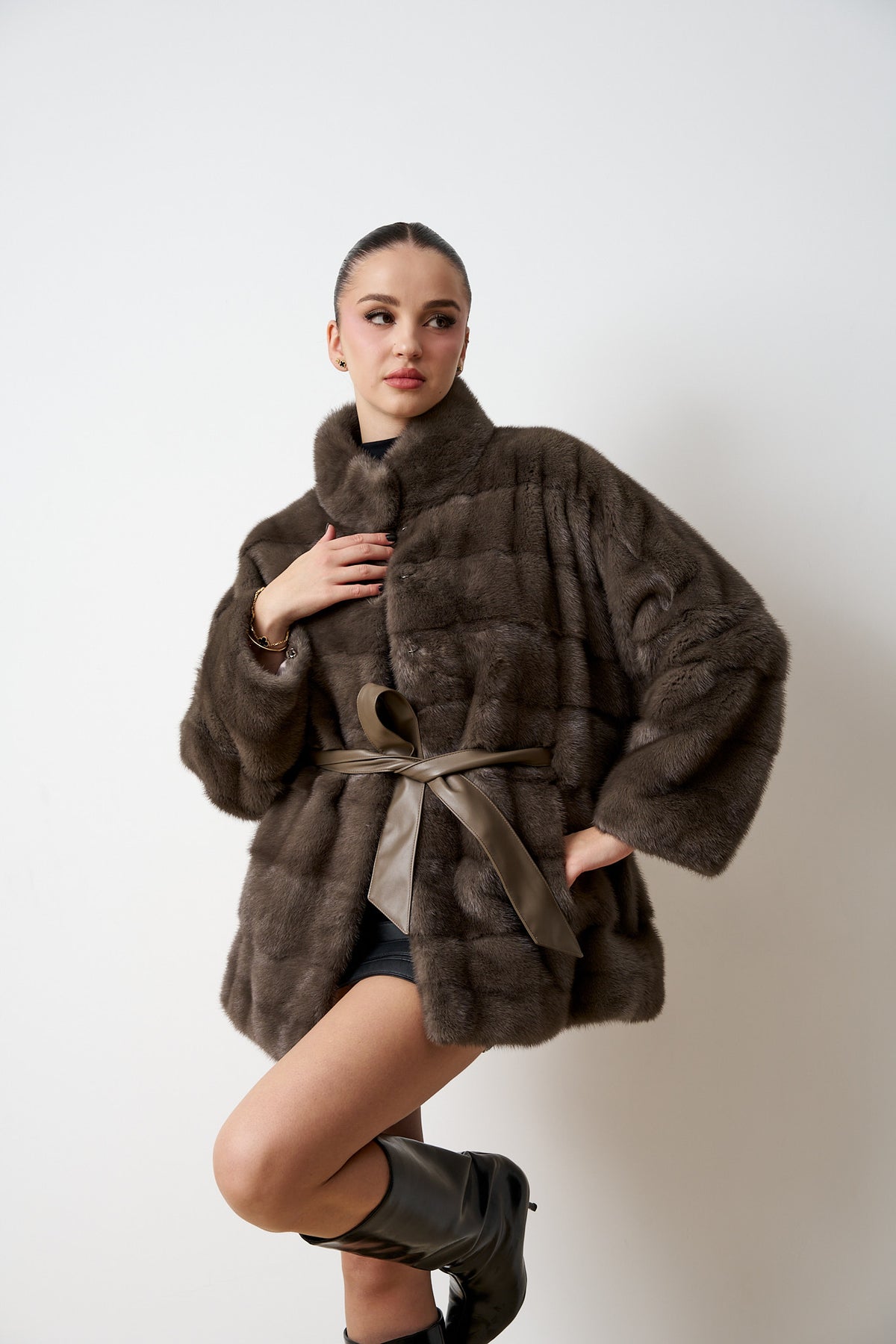 Cappotto di pelliccia di visone naturale, oversize, taglia grande, marrone, Mareus