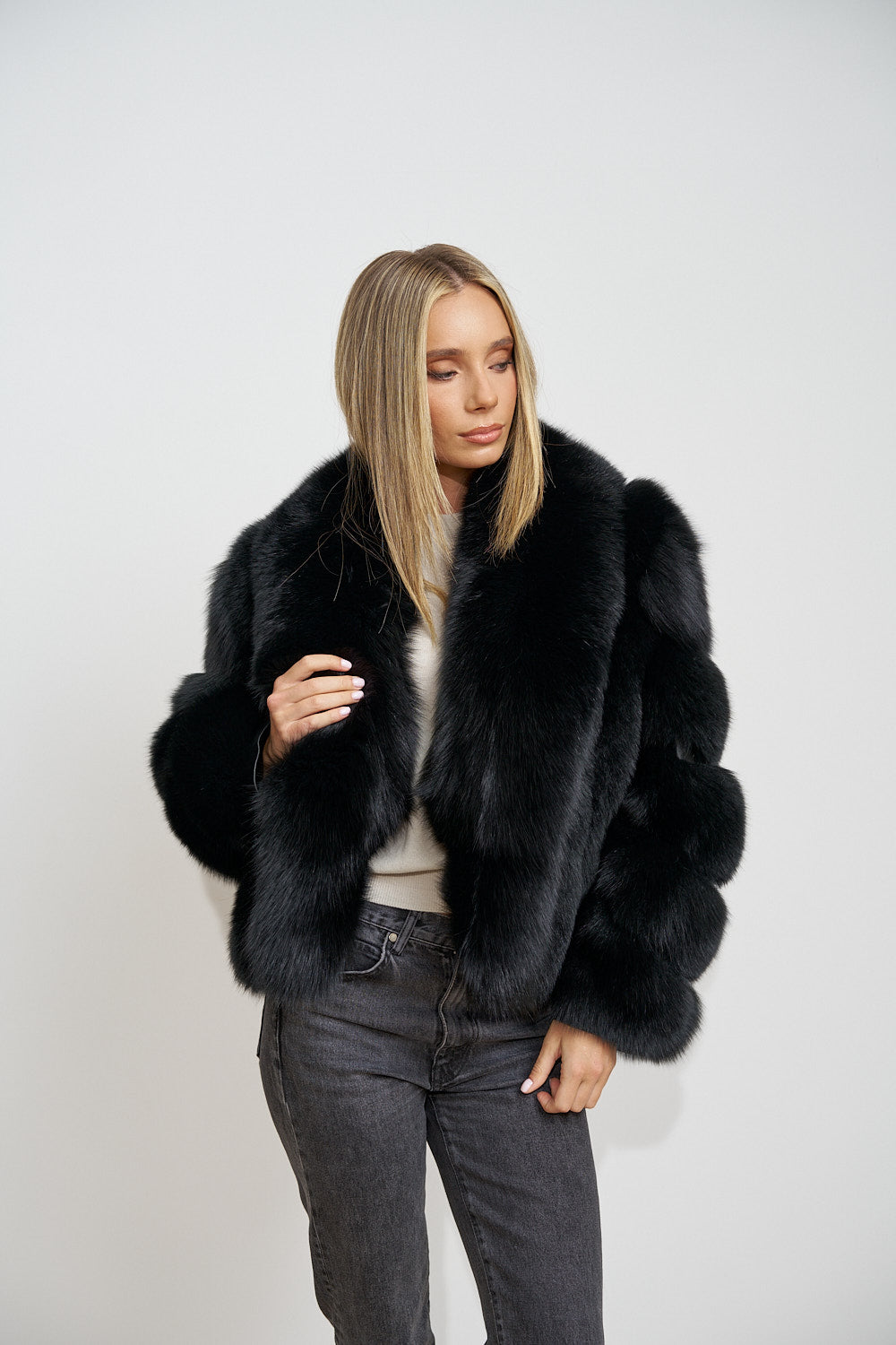 Haină Scurtă din Blană Naturală de Vulpe, Guler Șal, Obsidian 672