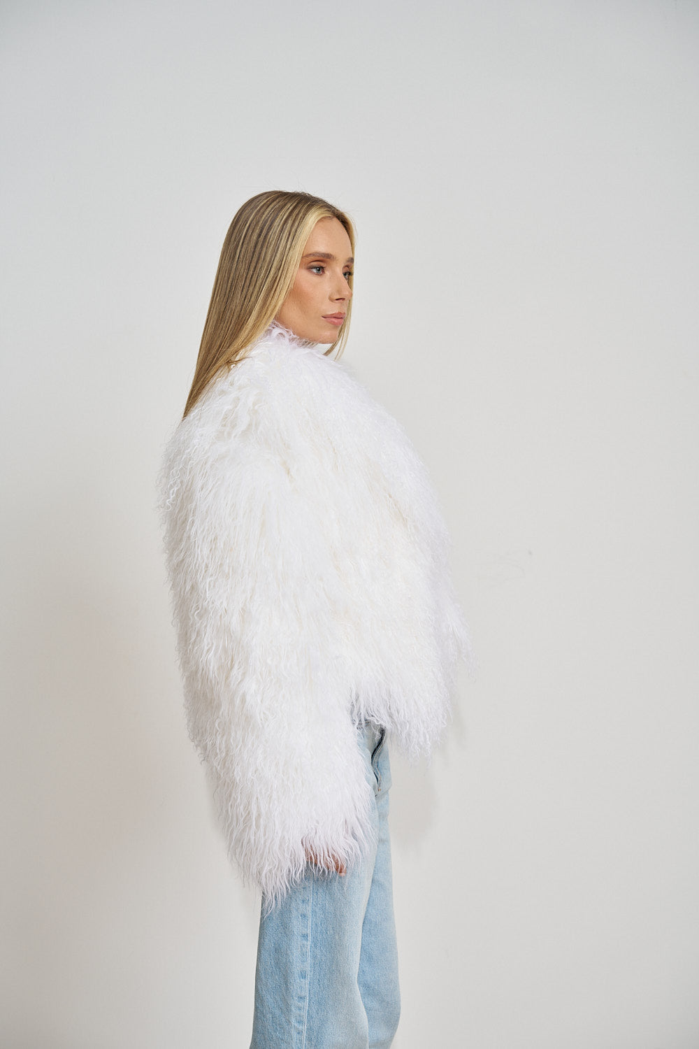 Manteau en fourrure d'agneau du Tibet, col à revers, oversize, blanc ivoire 508