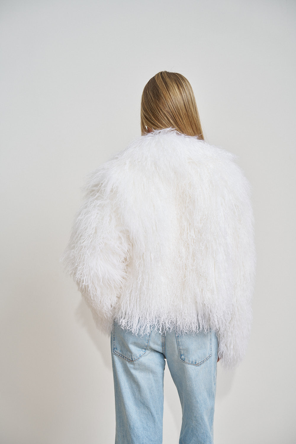 Manteau en fourrure d'agneau du Tibet, col à revers, oversize, blanc ivoire 508