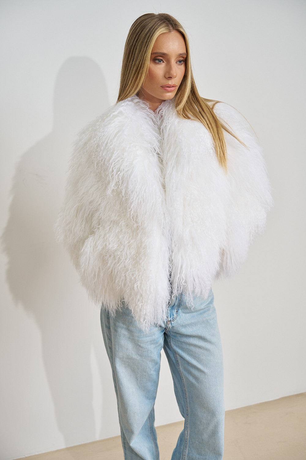 Manteau en fourrure d'agneau du Tibet, col à revers, oversize, blanc ivoire 508