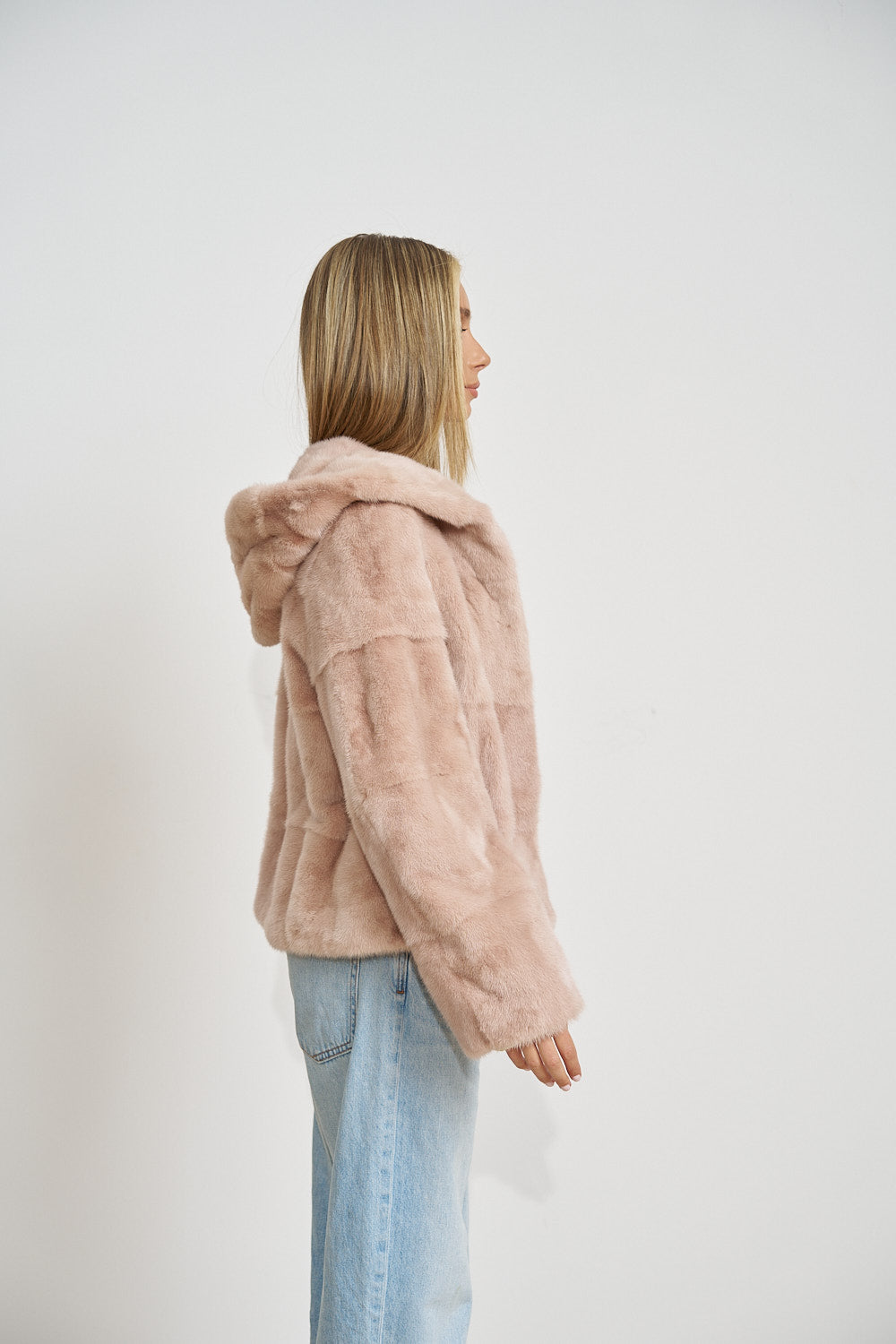 Haină Scurtă din Blană Naturală de Vizon, cu Glugă, Blush 698