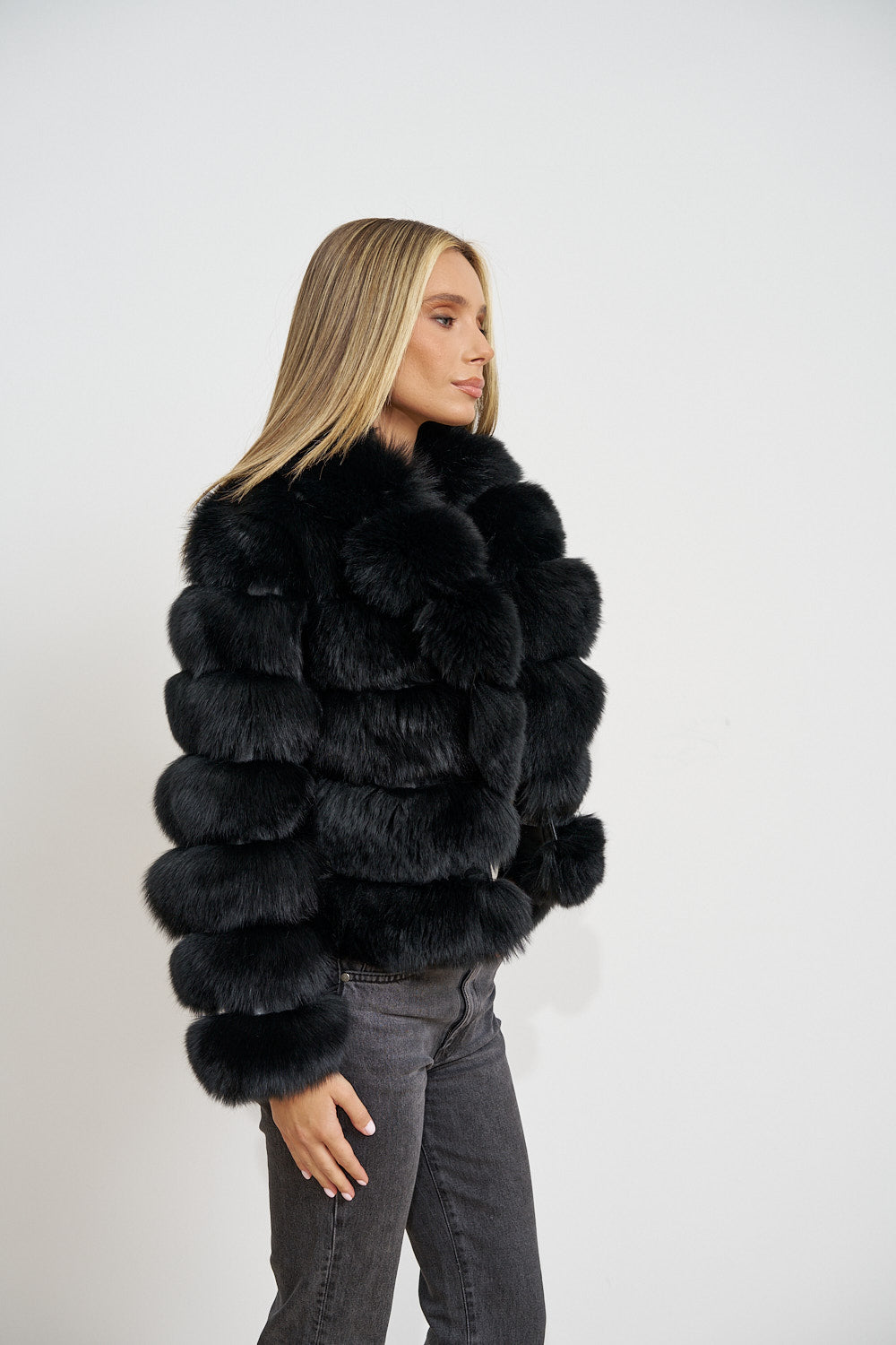 Cappotto in pelliccia naturale di volpe artica, collo a revers, Midnight Black 484