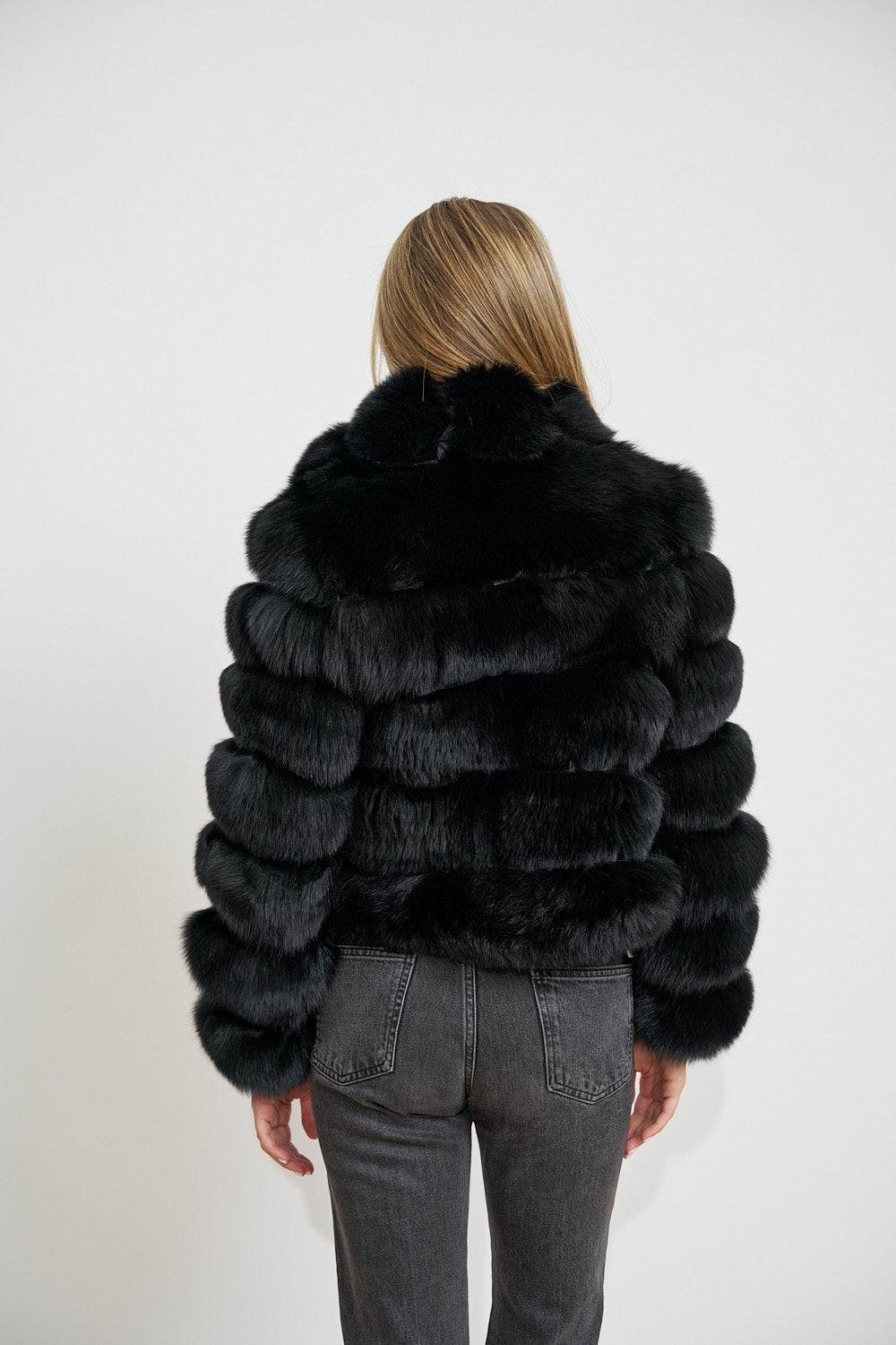 Cappotto in pelliccia naturale di volpe artica, collo a revers, Midnight Black 484