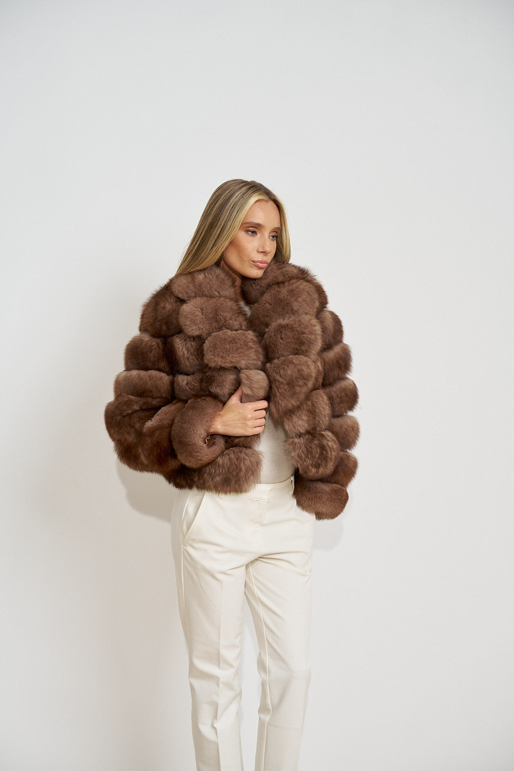 Haină din Blană Naturală de Vulpe Polară, cu Guler Rever, Femei, Mocha Glaze 468