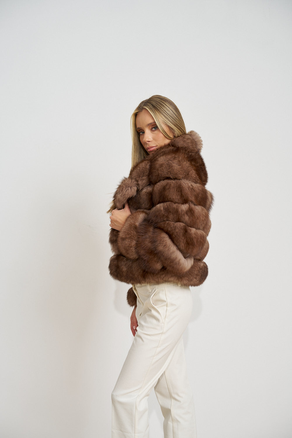 Haină din Blană Naturală de Vulpe Polară, cu Guler Rever, Femei, Mocha Glaze 468